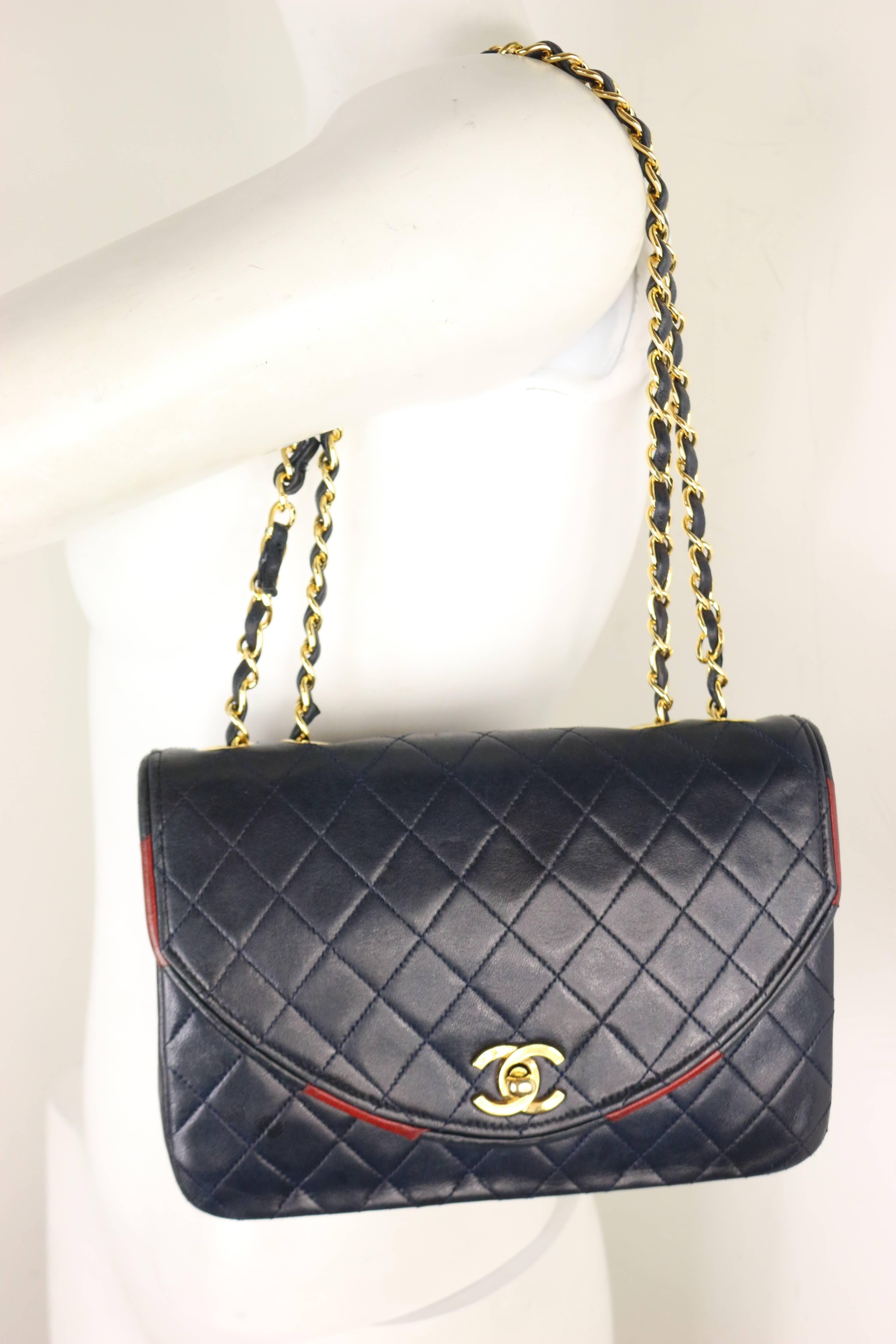 Chanel Classic Navy Quilted Lambskin Leather Red / Navy Trim Flap Shoulder Bag  11