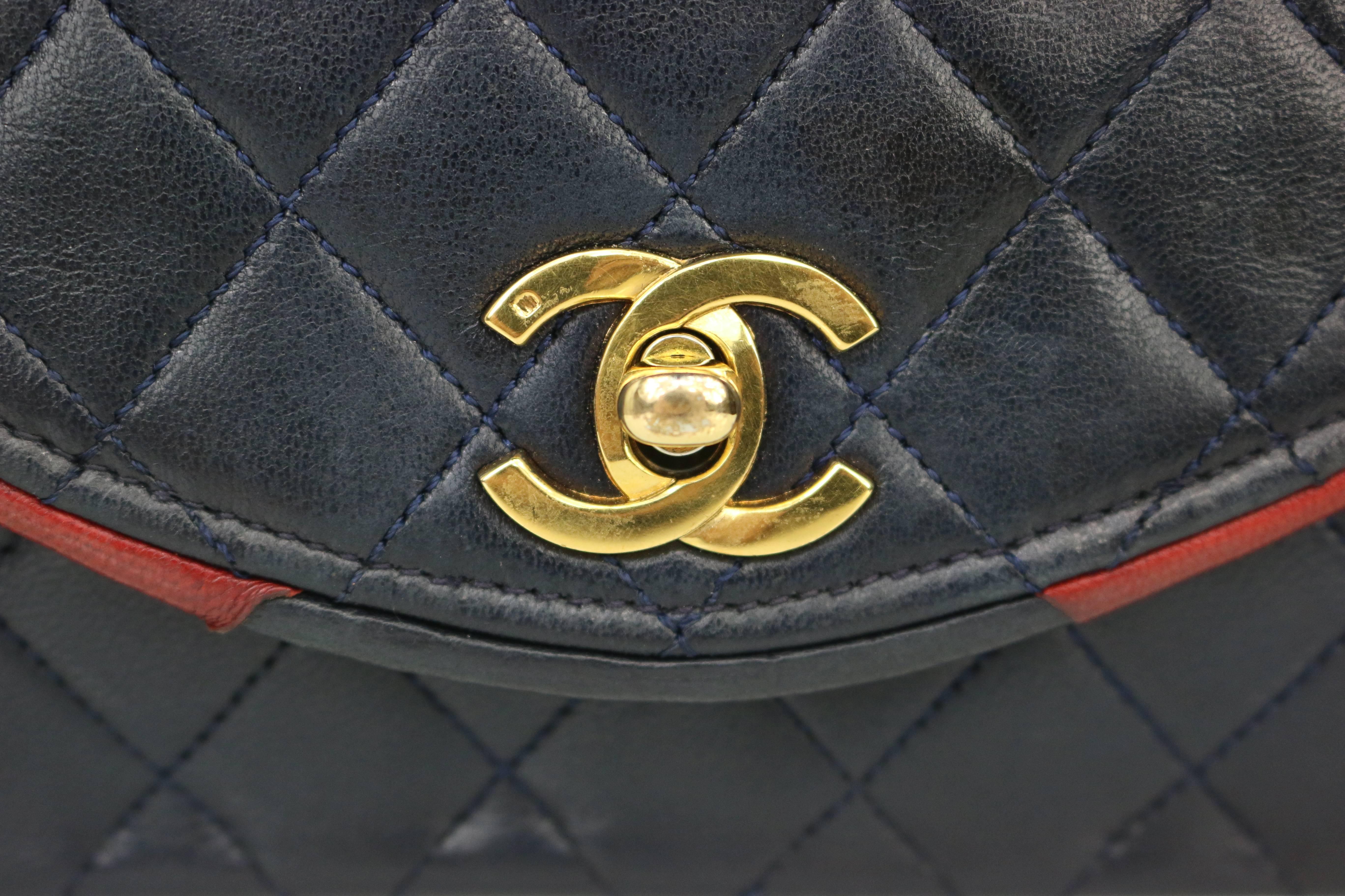Gray Chanel Classic Navy Quilted Lambskin Leather Red / Navy Trim Flap Shoulder Bag 