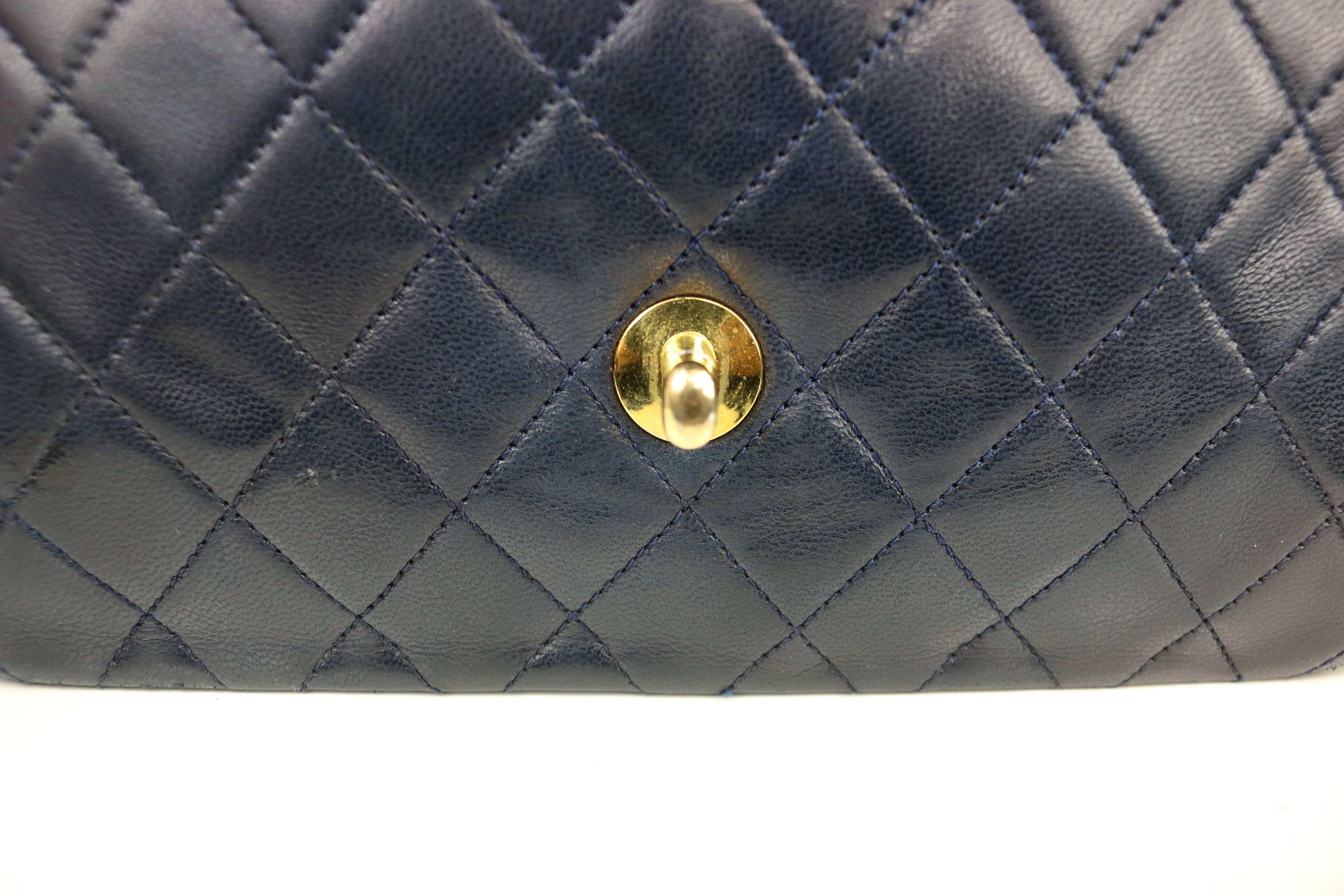 Chanel Classic Navy Quilted Lambskin Leather Red / Navy Trim Flap Shoulder Bag  3