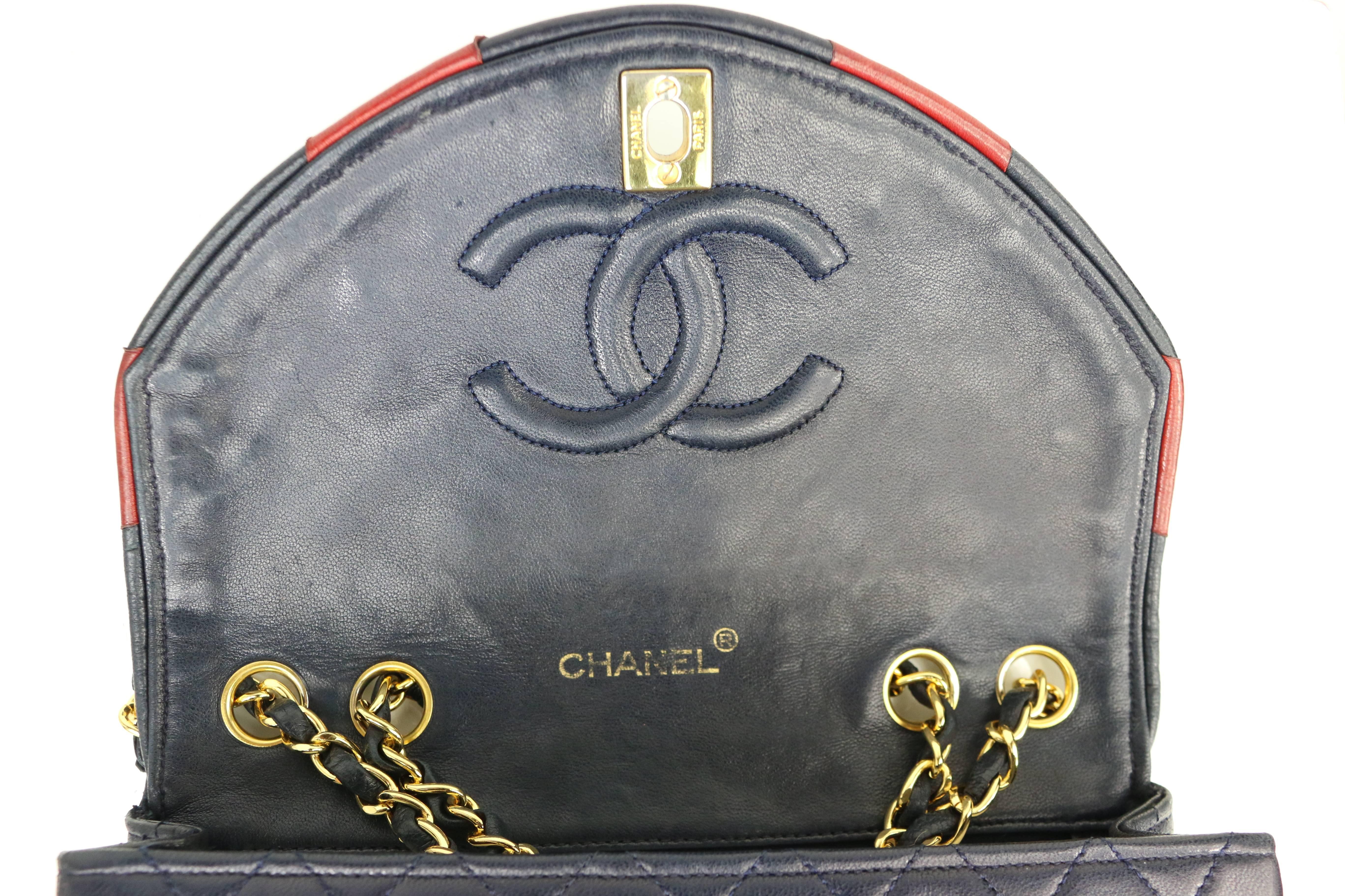 Chanel Classic Navy Quilted Lambskin Leather Red / Navy Trim Flap Shoulder Bag  2