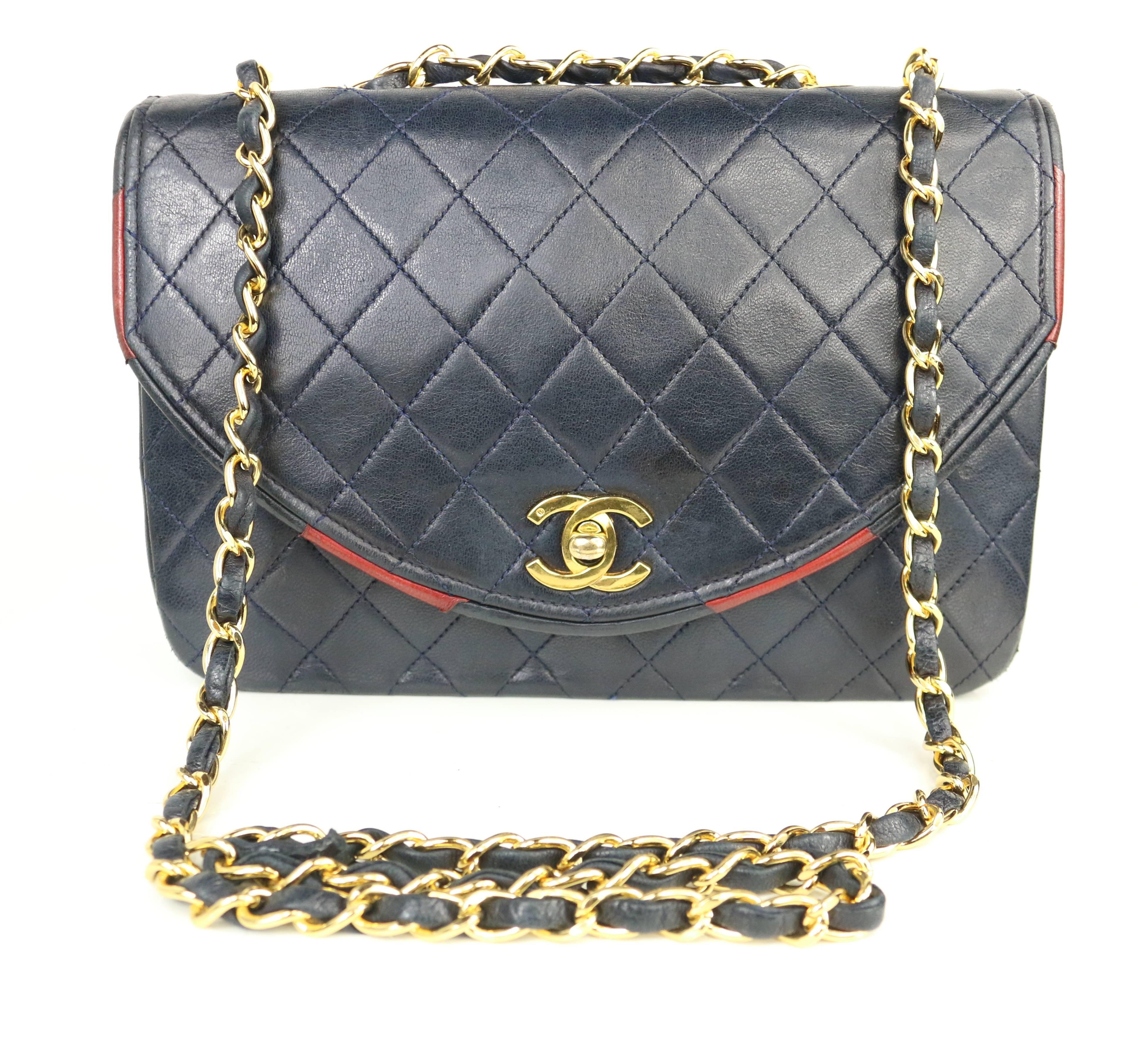 Chanel Classic Navy Quilted Lambskin Leather Red / Navy Trim Flap Shoulder Bag  9