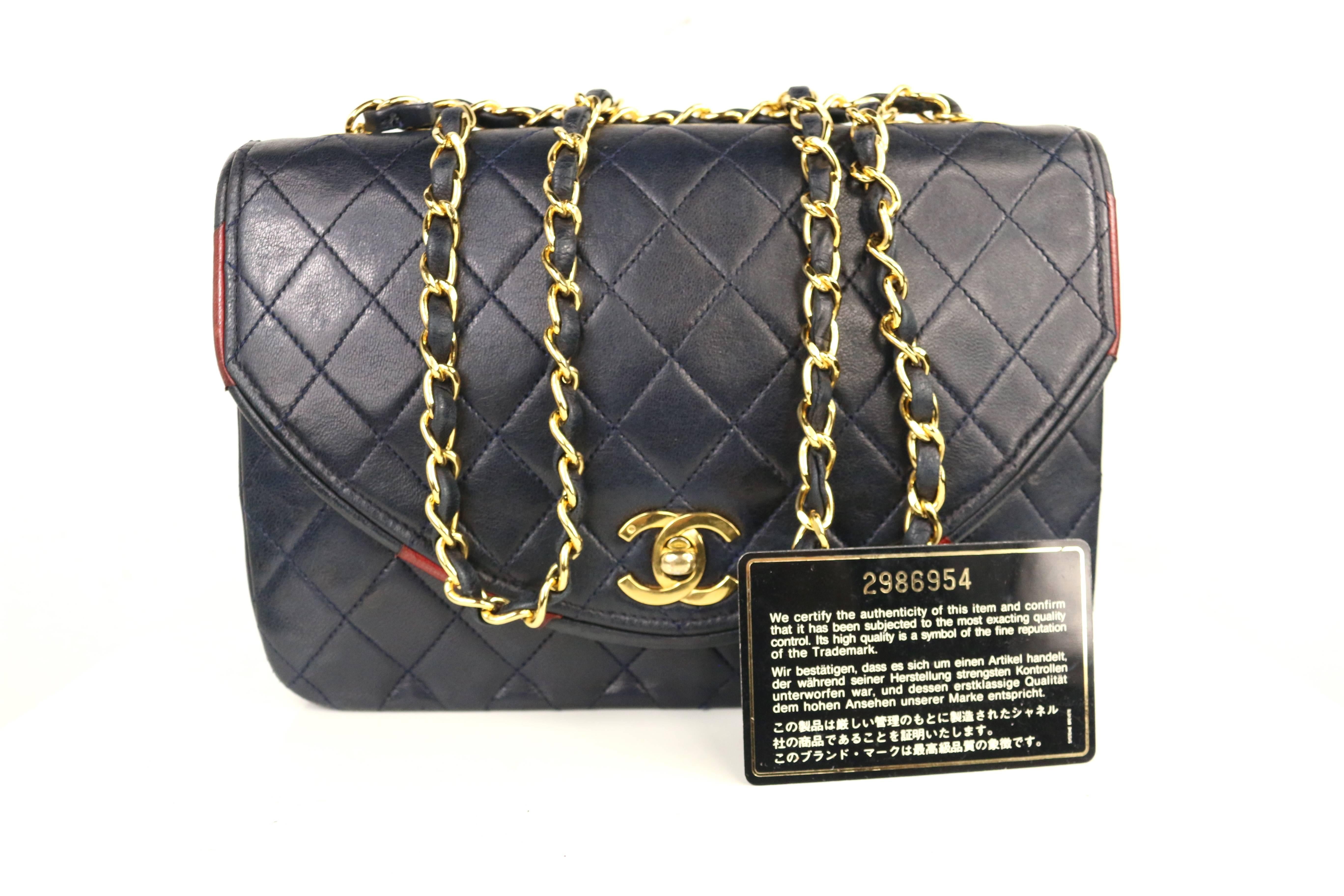 Chanel Classic Navy Quilted Lambskin Leather Red / Navy Trim Flap Shoulder Bag  7