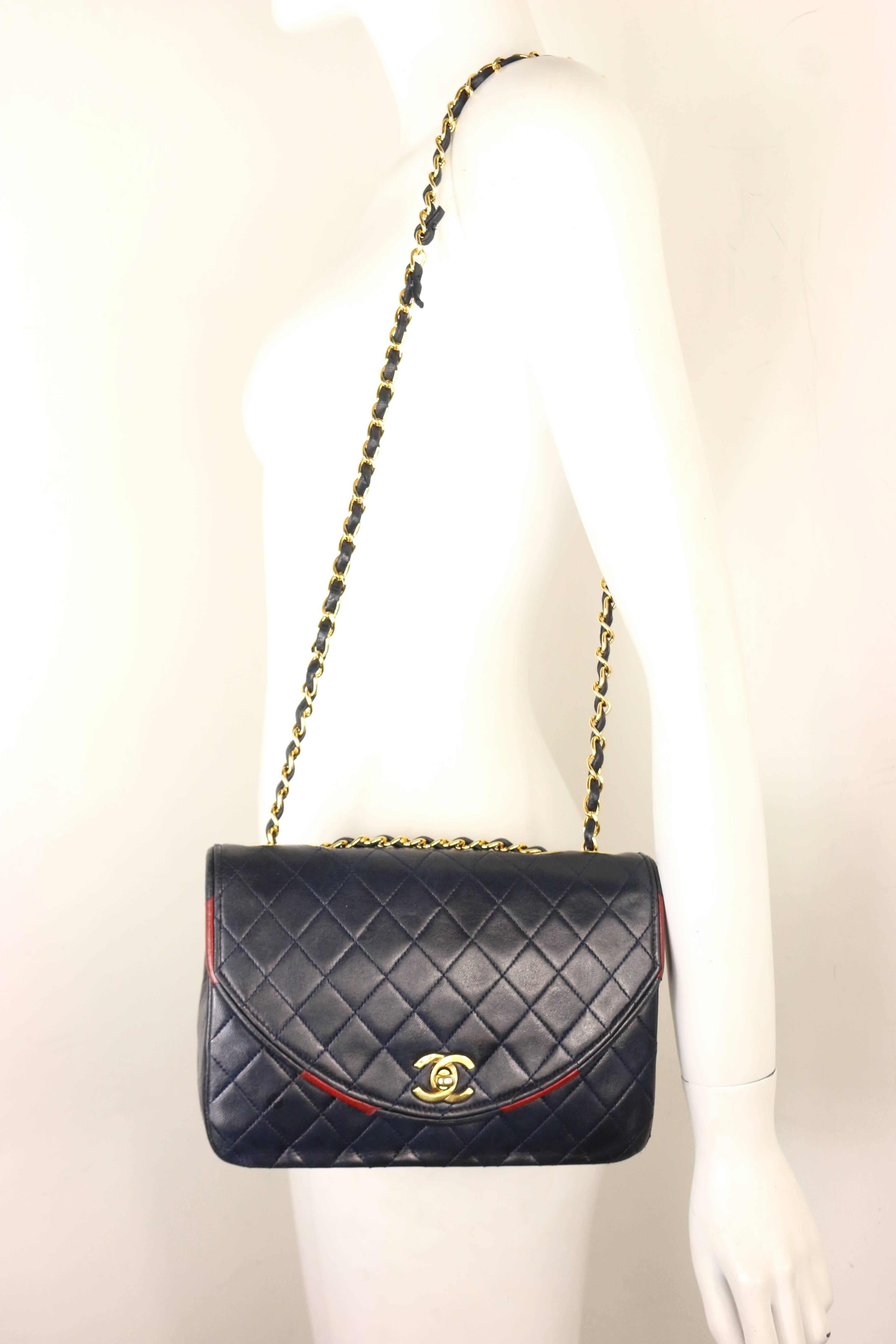 Chanel Classic Navy Quilted Lambskin Leather Red / Navy Trim Flap Shoulder Bag  10