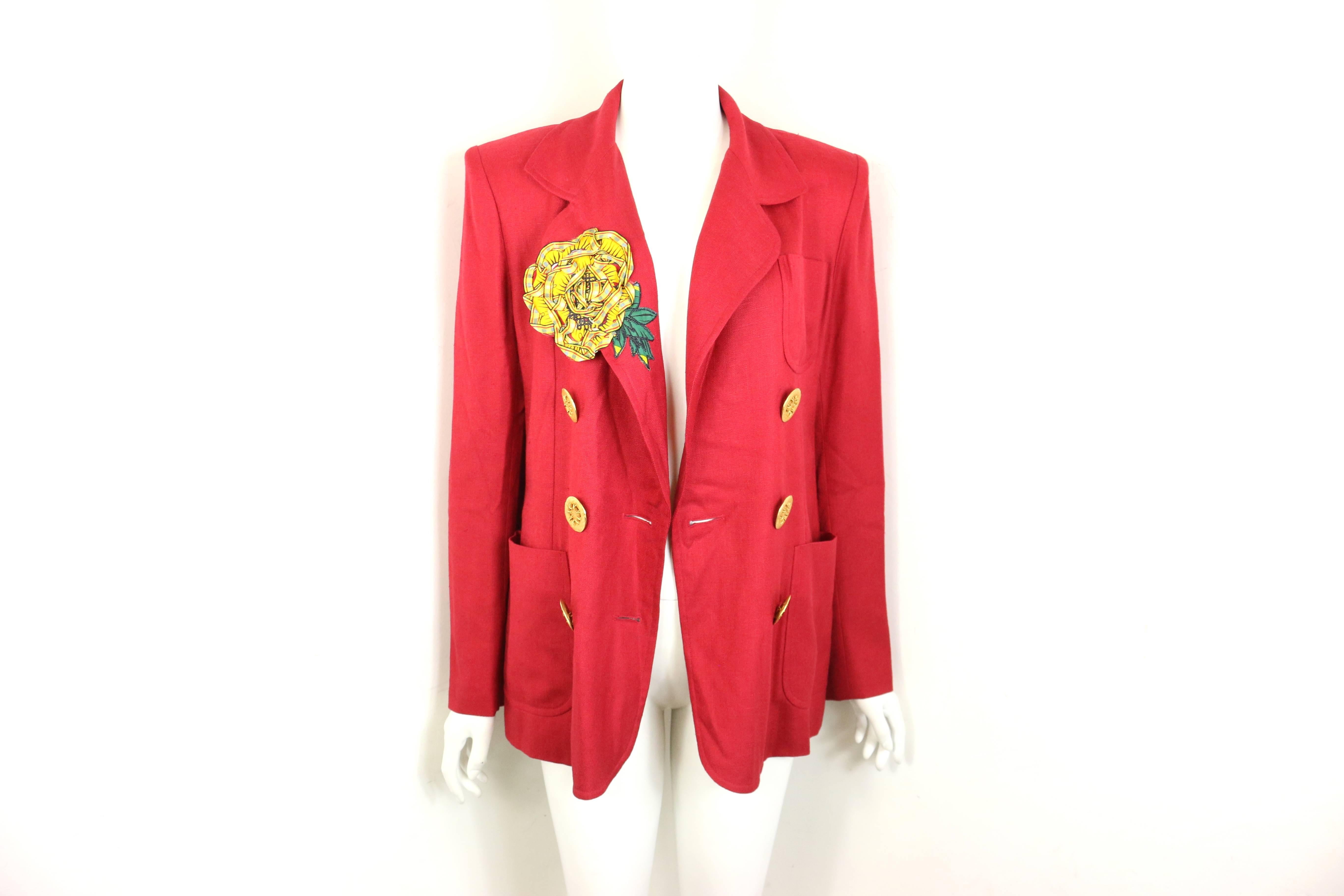 Christian Lacroix Red with Yellow Ruffle Sunflower Double Breasted Blazer For Sale 1