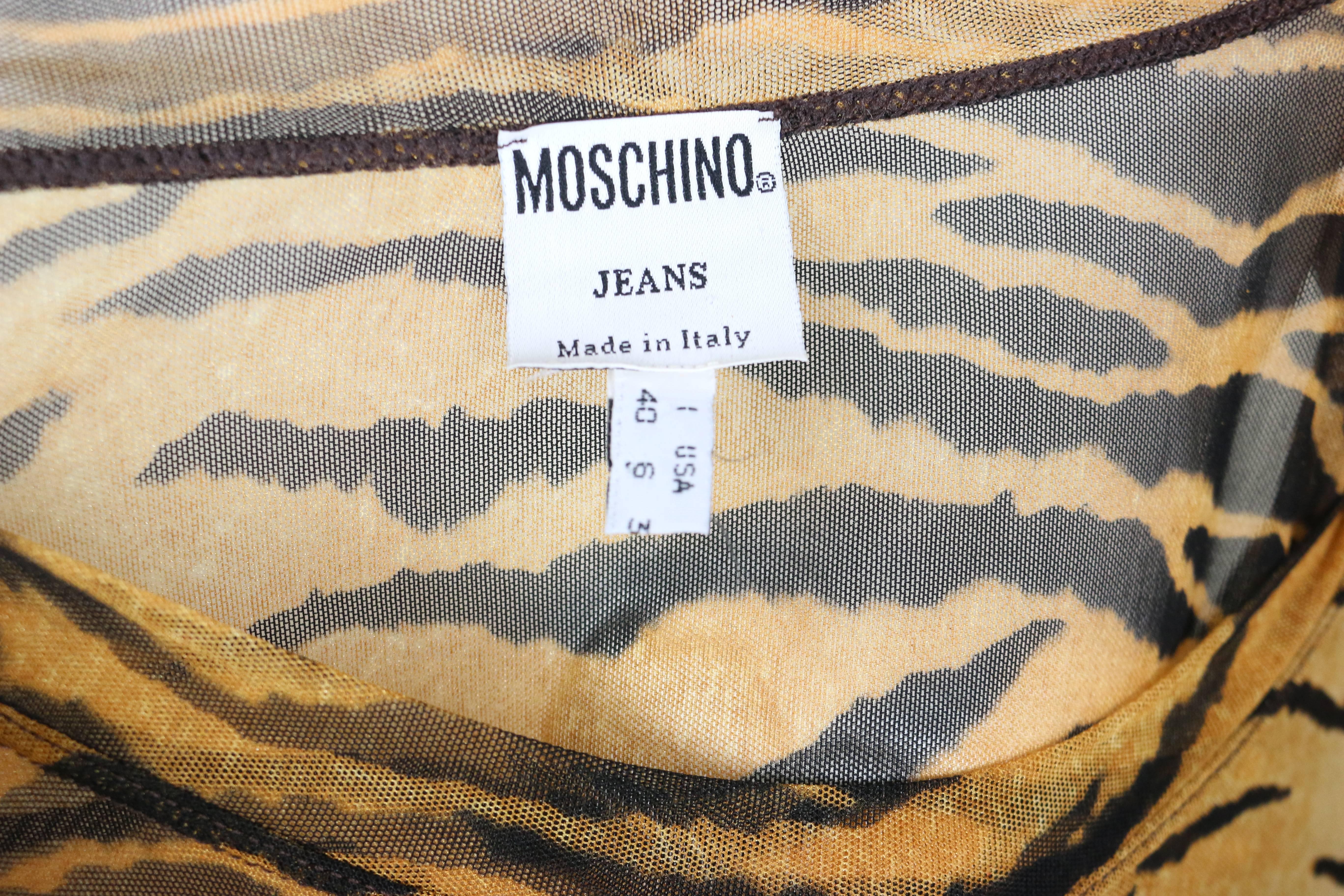 Beige Moschino Jeans Leopard Pattern Nylon See-Through Long Sleeves Top For Sale