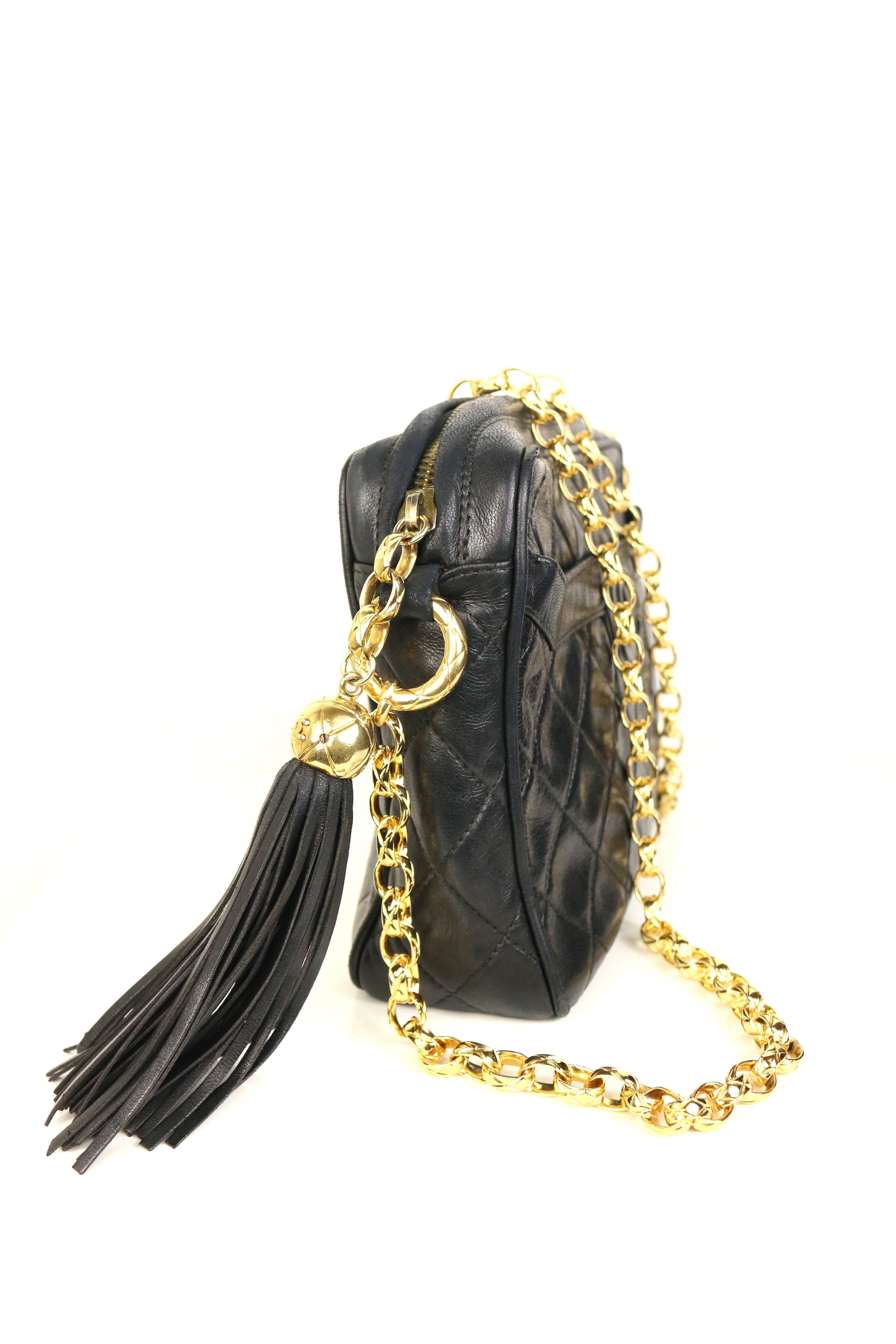 Women's Chanel Black Quilted Lambskin Tassel with Gold Toned Chain Shoulder Bag 