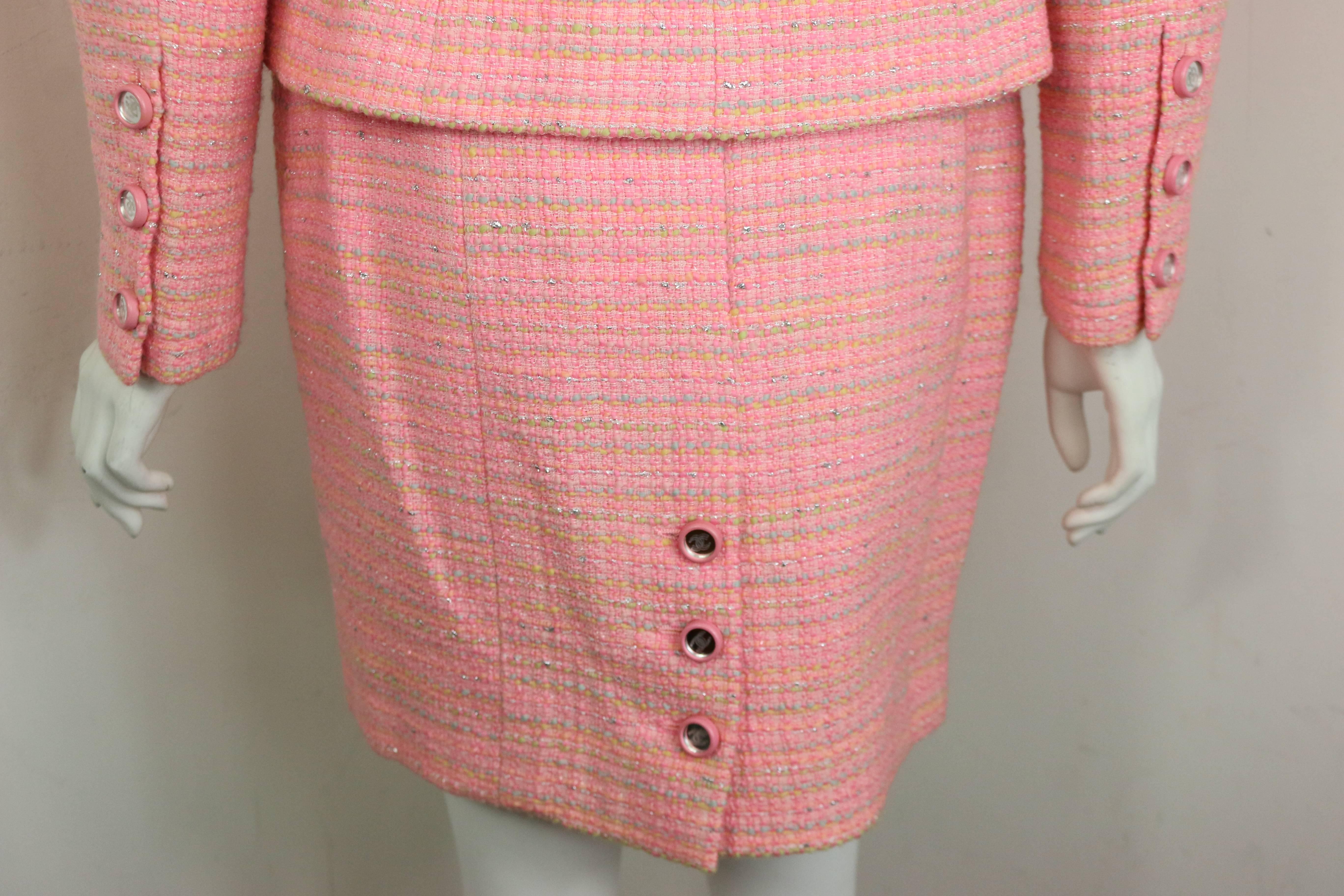 Chanel Multi Coloured Pink Tweed Jacket and Skirt Ensemble  In Excellent Condition In Sheung Wan, HK