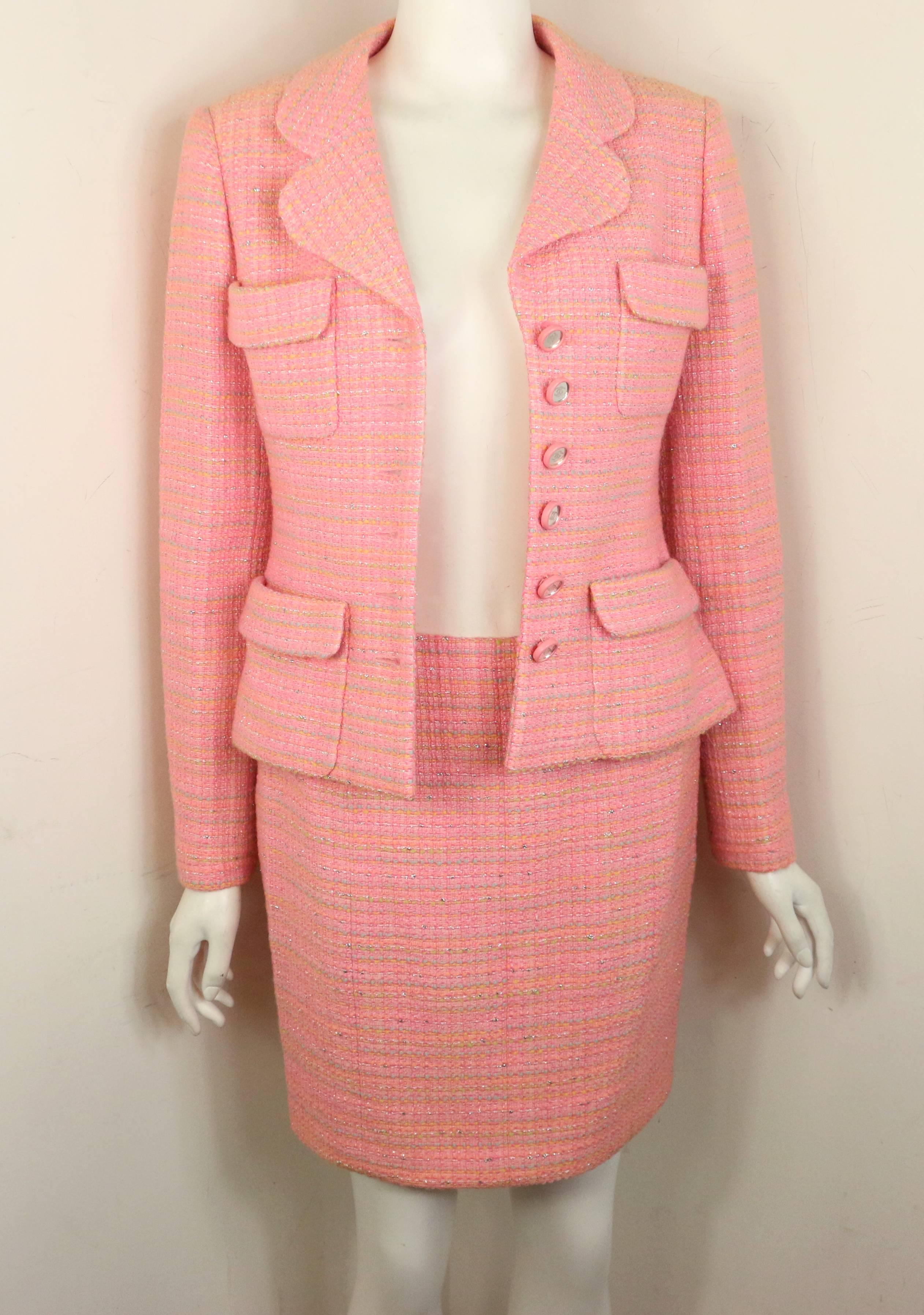 Women's Chanel Multi Coloured Pink Tweed Jacket and Skirt Ensemble