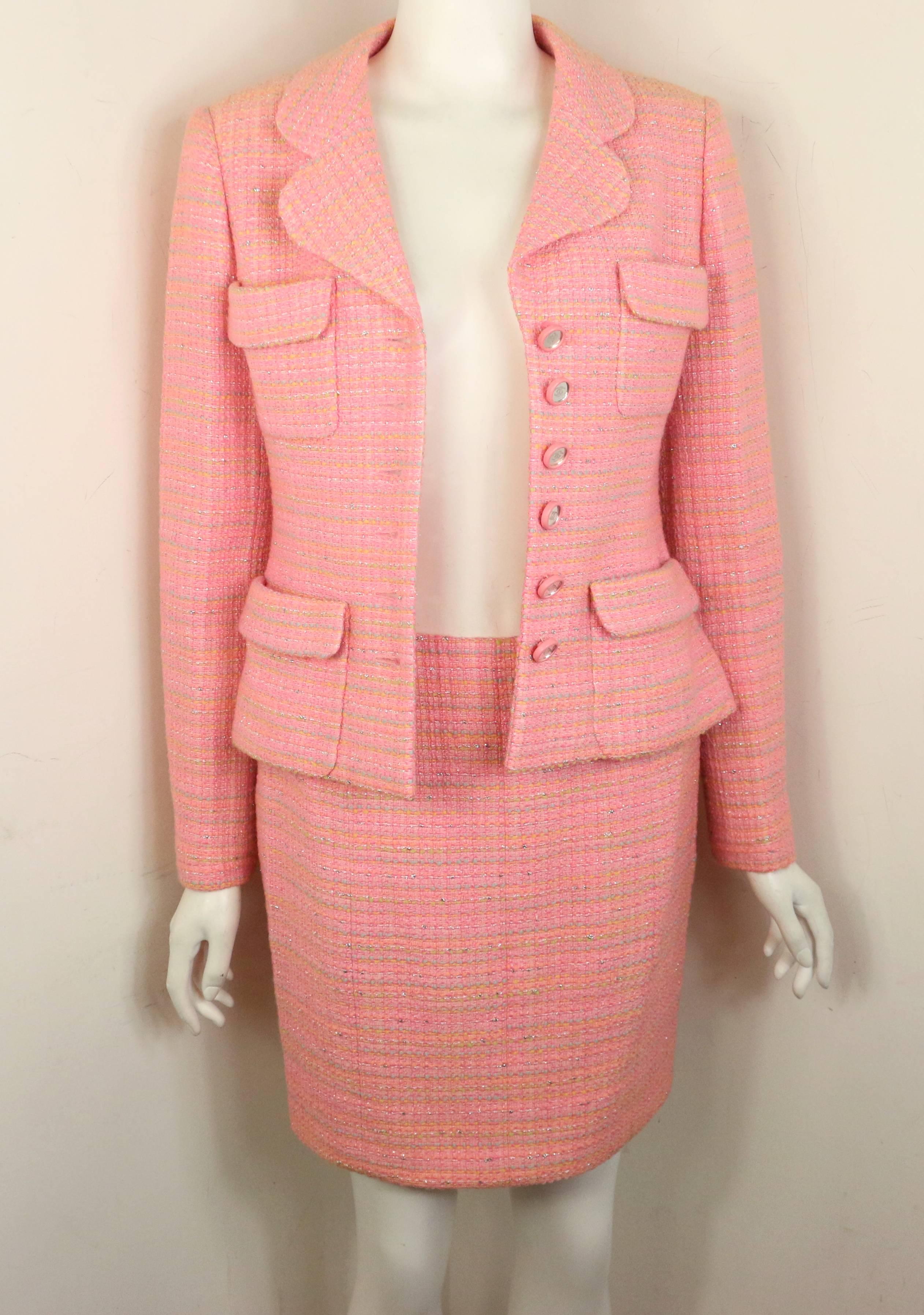 Women's Chanel Multi Coloured Pink Tweed Jacket and Skirt Ensemble 