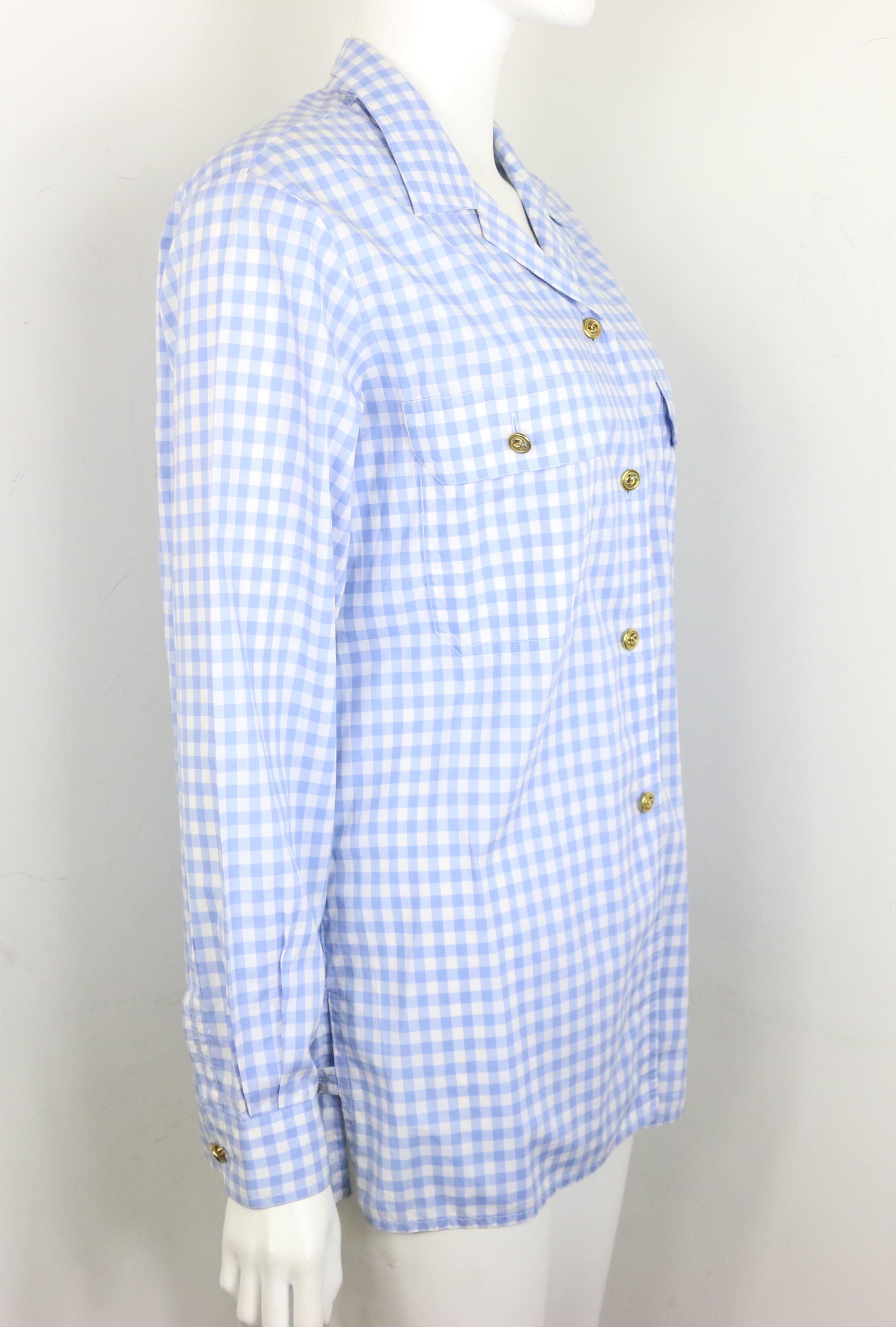 Chanel Cotton Blue and White Check Shirt and Short Pants Ensemble  In Excellent Condition In Sheung Wan, HK