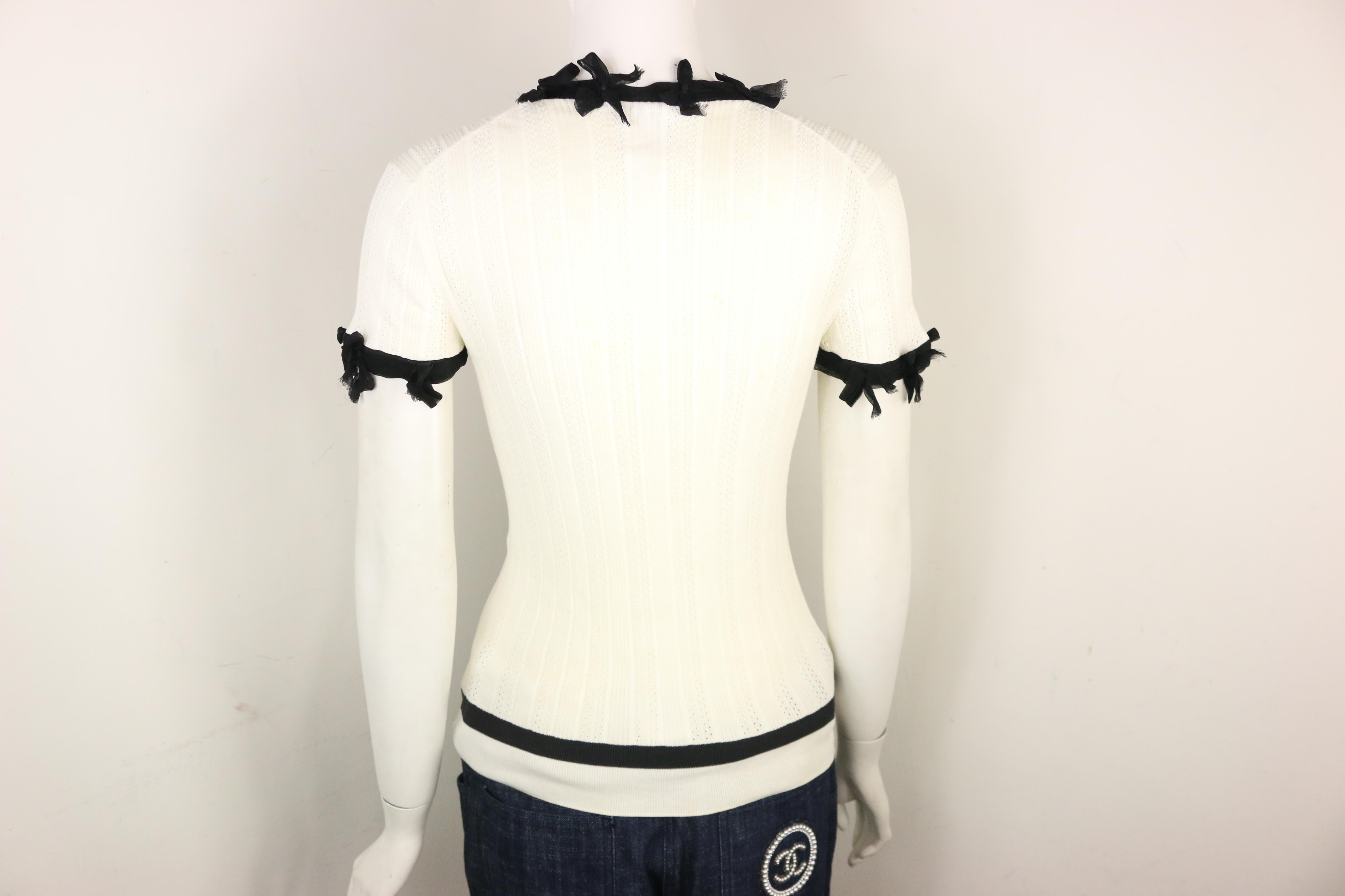 Beige Chanel Black Lace Ribbon Trimmed White Cotton V-Neck Top