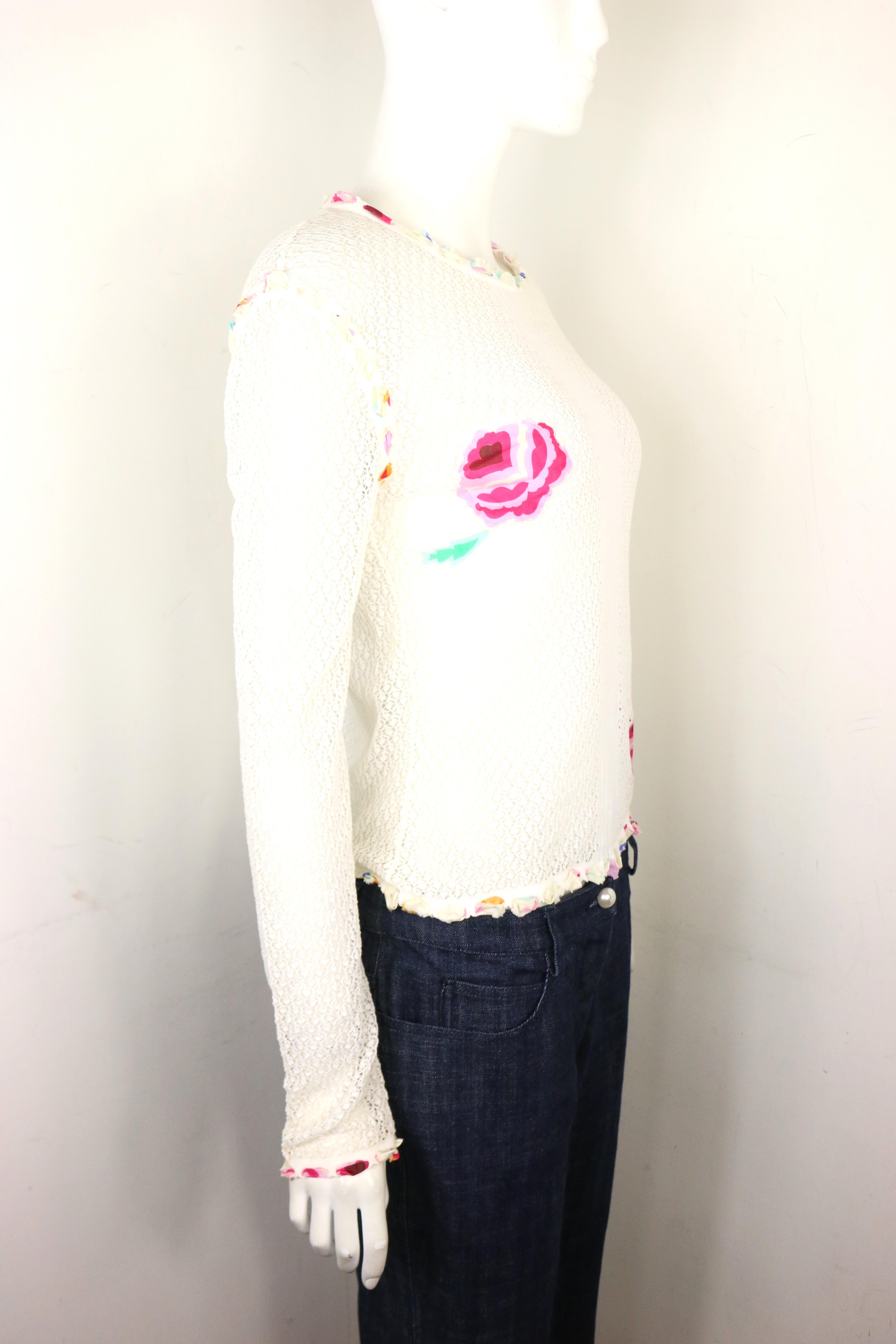 Women's Chanel White Cotton Knitted with Inserted Colours Silk Trims Long Sleeves Top For Sale