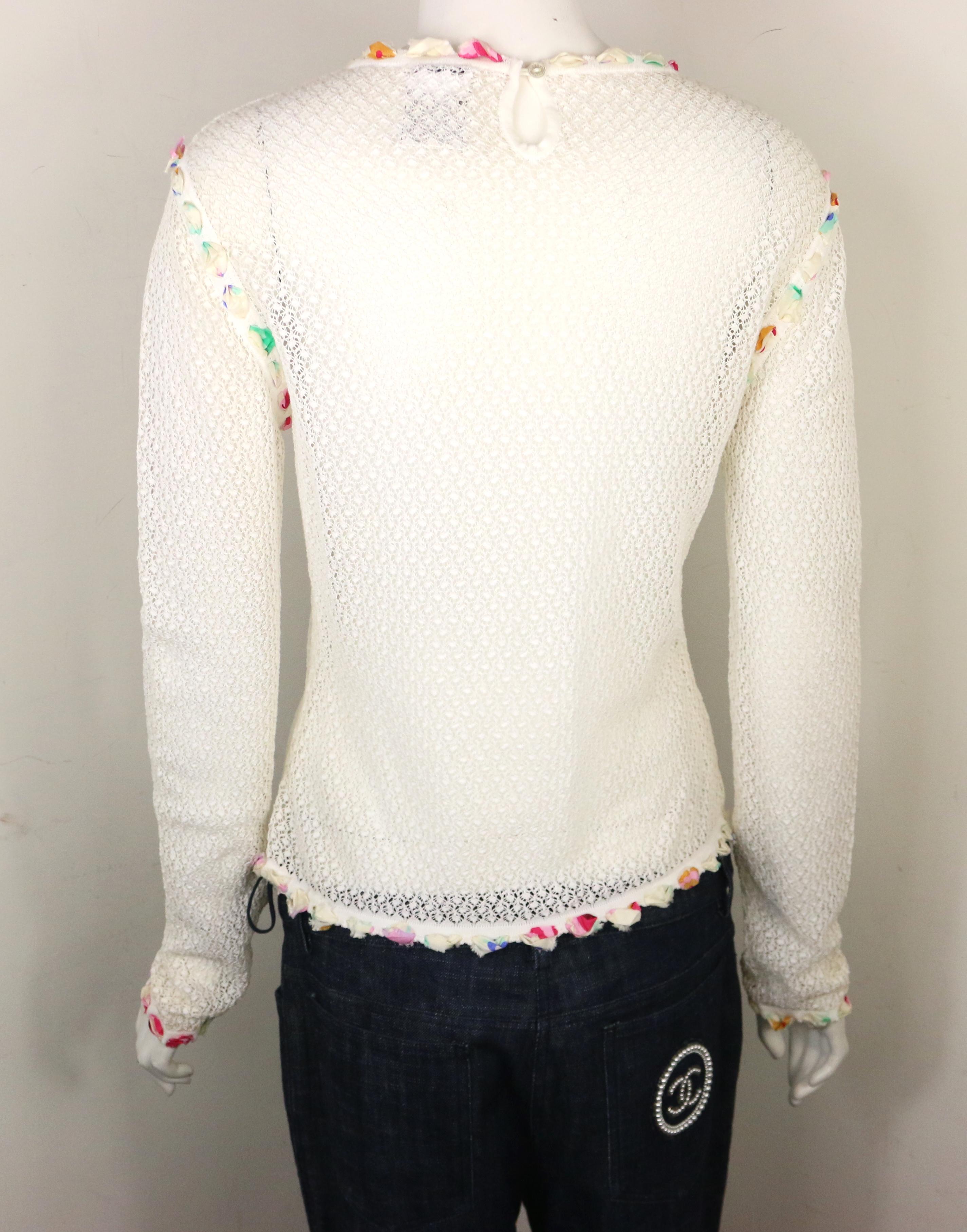 Chanel White Cotton Knitted with Inserted Colours Silk Trims Long Sleeves Top For Sale 1