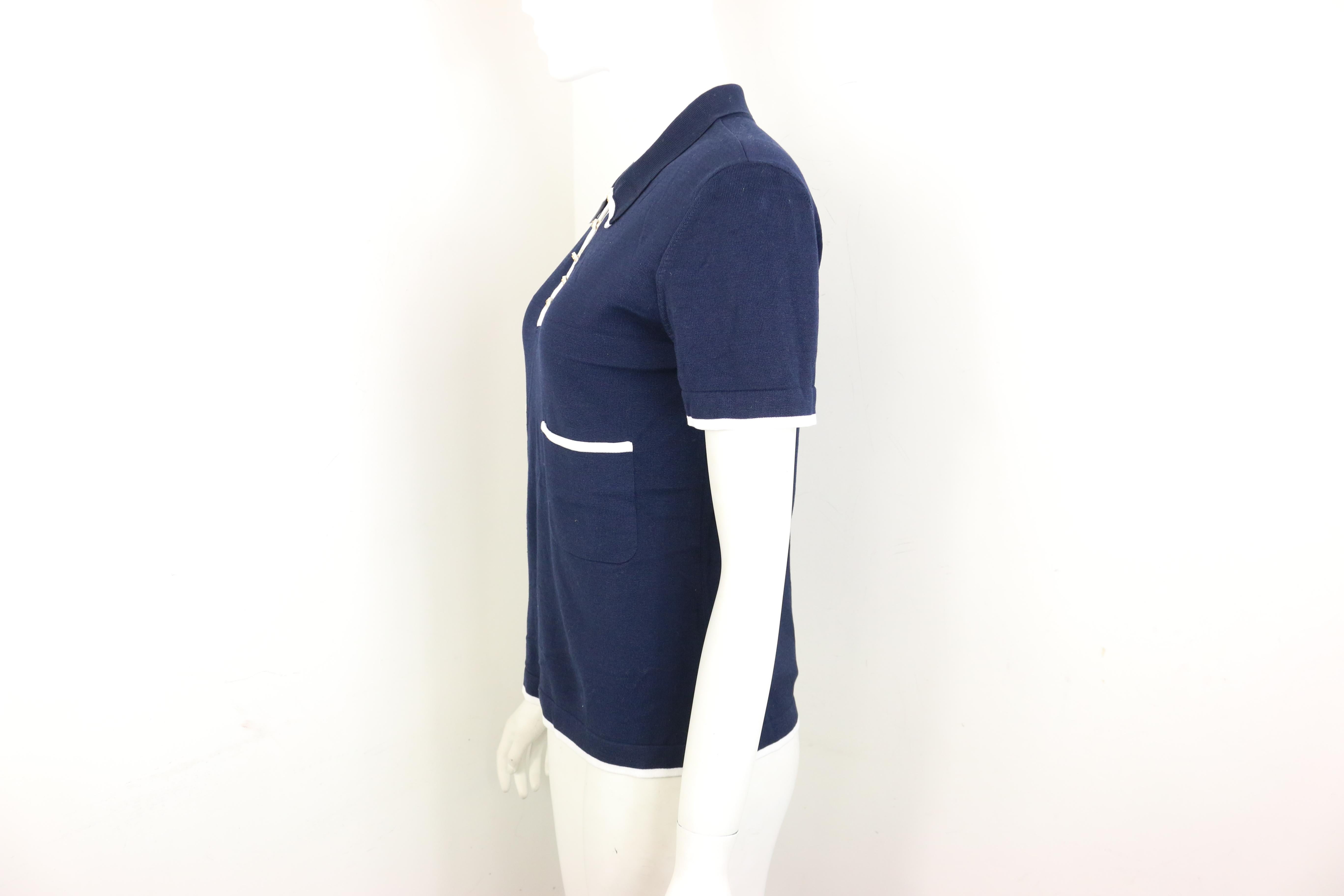 Black Chanel Navy with White Piping Cotton Knitted Cropped Short Sleeves Cardigan 