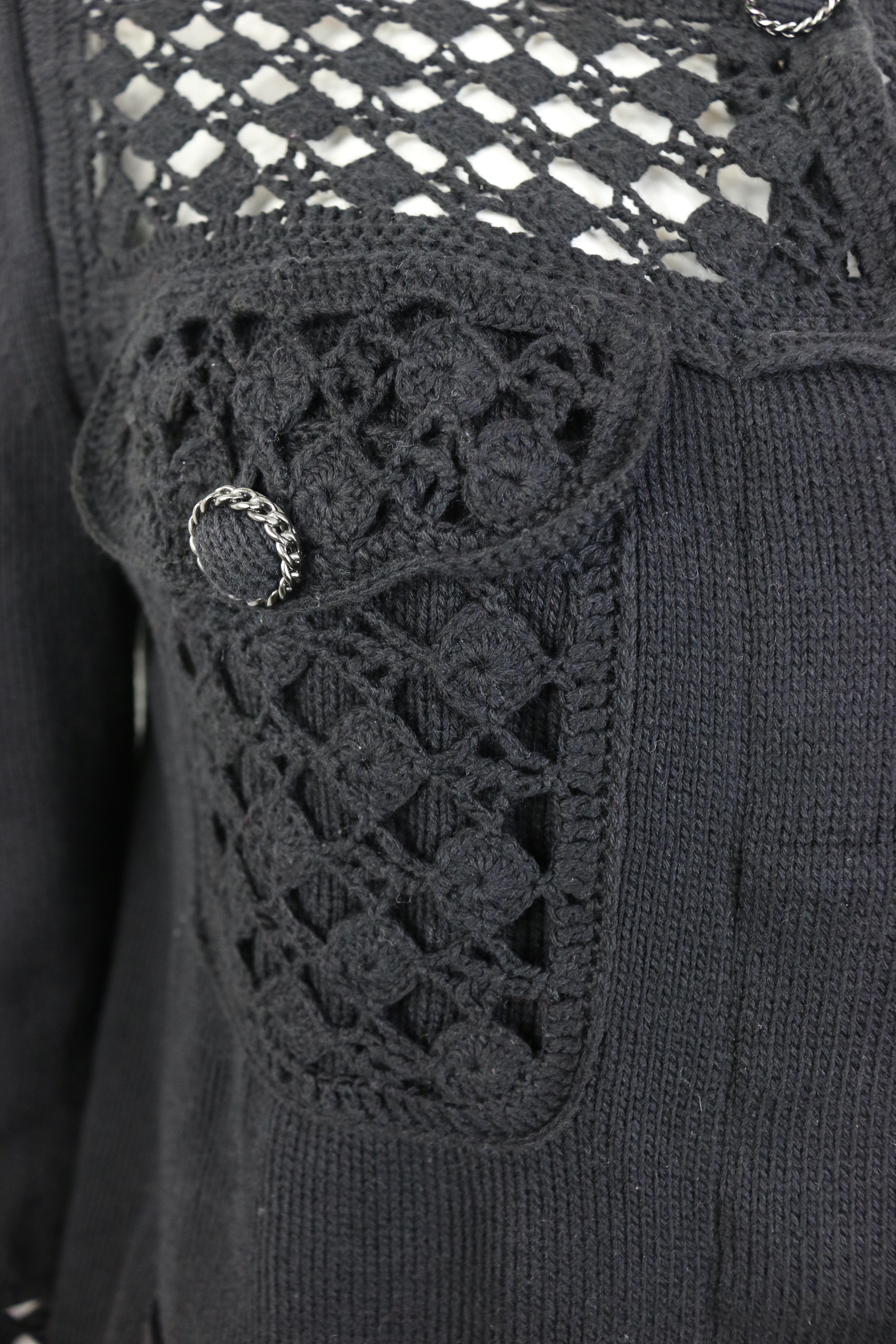 Chanel Black Cotton Pattern Knitted 3/4 Sleeves Length Cardigan  In Excellent Condition In Sheung Wan, HK