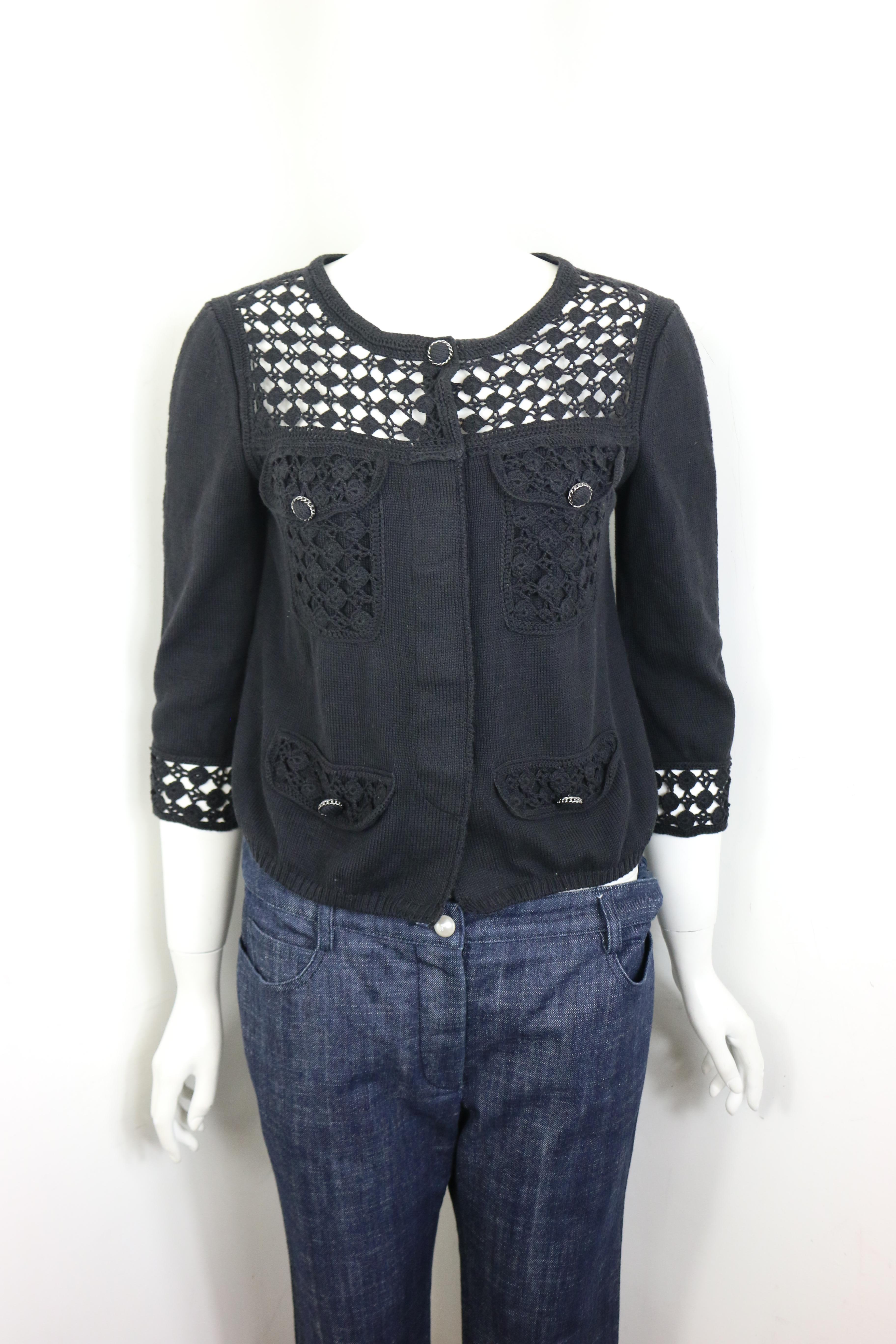 Chanel Black Cotton Pattern Knitted 3/4 Sleeves Length Cardigan  6
