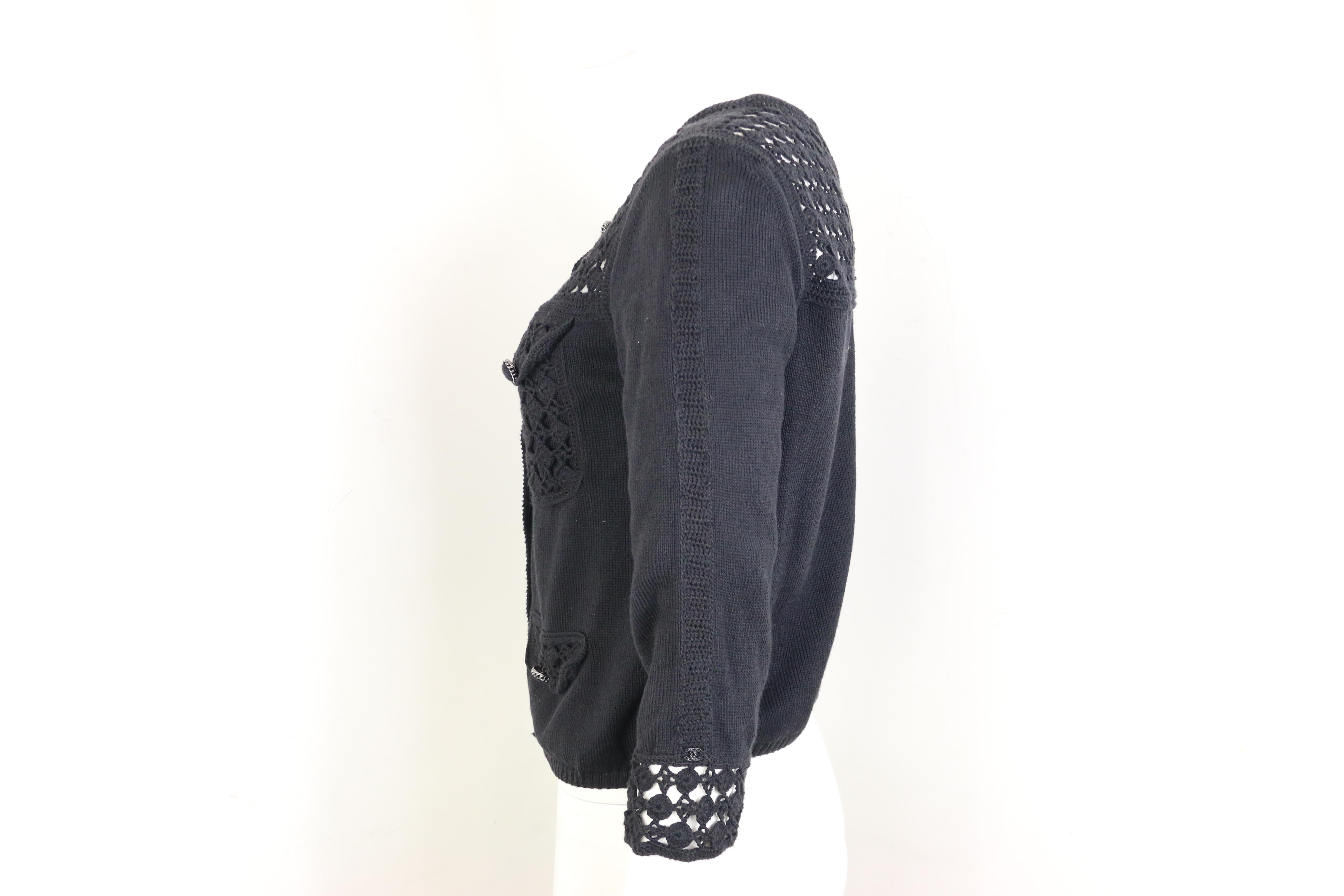 Chanel Black Cotton Pattern Knitted 3/4 Sleeves Length Cardigan  3