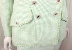 Chanel White/Green Cotton and Wool Double-Breasted Jacket and Skirt Ensemble