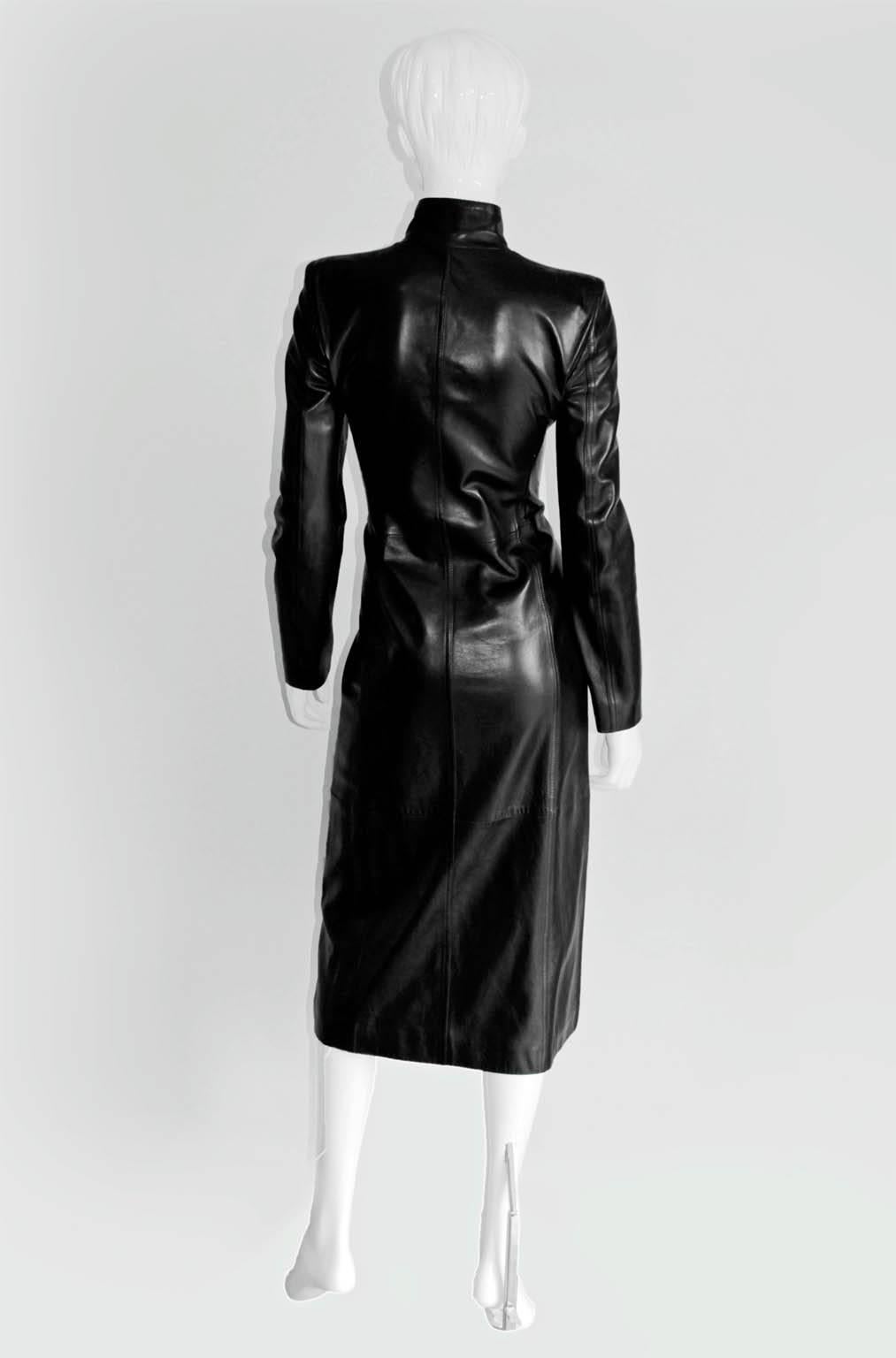 Rare & Iconic Tom Ford YSL Rive Gauche FW2003 Black Ruffled Leather Runway Coat! In Excellent Condition In Melbourne, AU