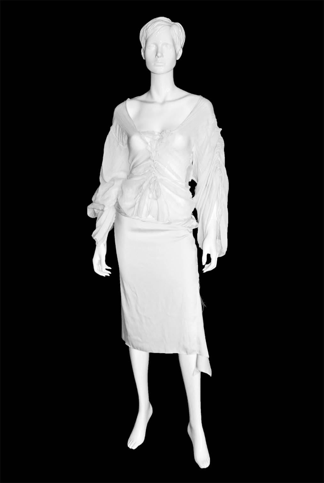 Incredibly Rare White Tom Ford For Gucci  Fall Winter 2002 Silk Gothic Collection Runway Blouse & Skirt!

Who could ever forget Tom Ford's fall/winter 2002 Gothic Collection for Gucci... with that dark bondage-inspired styling & heavenly