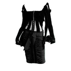 Free Shipping:Tom Ford YSL Rive Gauche 2002 Silk Velvet Ribbon Blouse & Skirt 38