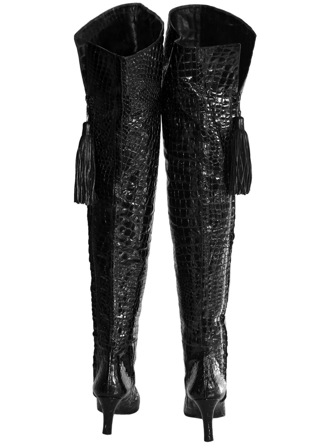 The Most Amazing Pair Of Black Vintage Yves Saint Laurent YSL Patent Crocodile Leather Thigh Boots!