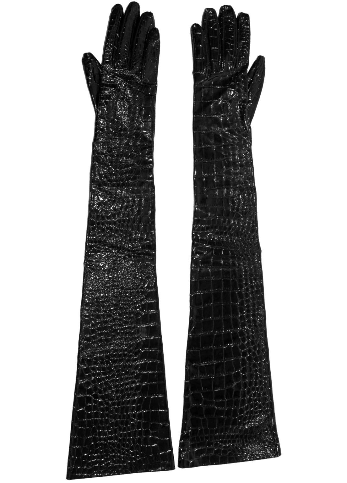 The Most Amazing Pair Of Black Vintage Yves Saint Laurent YSL Patent Crocodile Leather Extra Long Gloves!