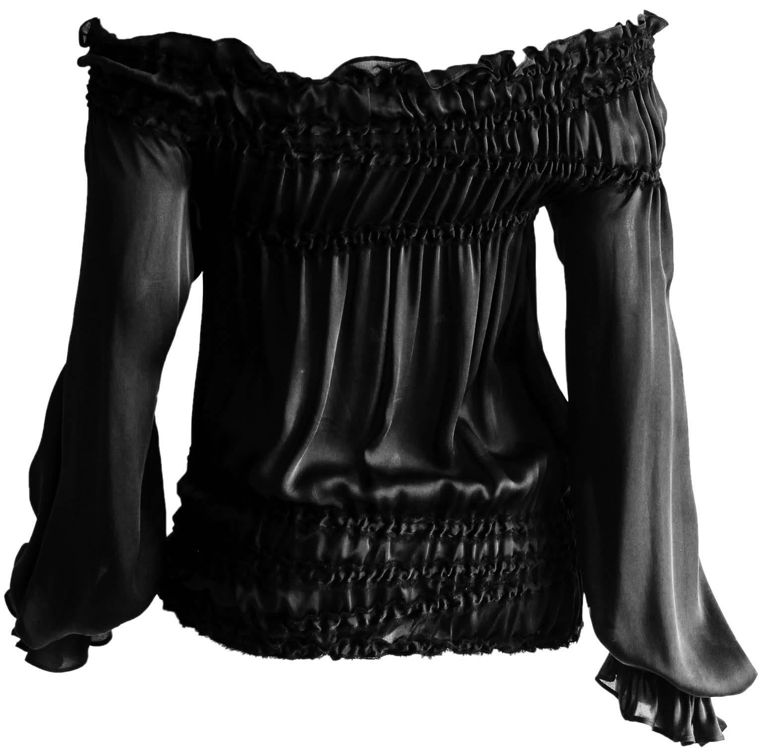Tom Ford's Amazing Iconic YSL Rive Gauche Fall Winter 2001 Black Ruched Silk Gypsy Boho Runway Blouse!

Who could ever forget Tom Ford's fall/winter 2001 show for Yves Saint Laurent Rive Gauche & those heavenly black "gypsy" blouses?