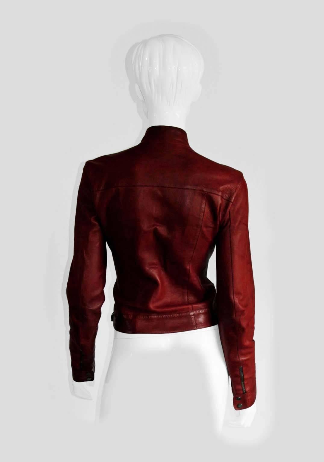 Brown Free Shipping: Rare Tom Ford Gucci SS1999 Maroon Leather Runway Moto Jacket IT44