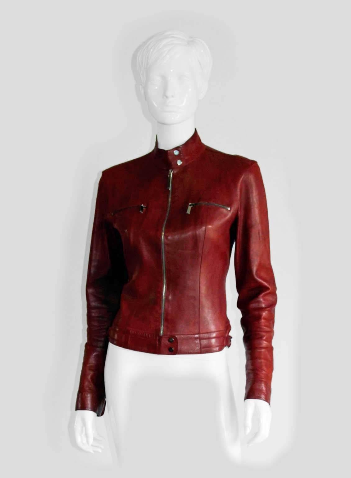 Gorgeous Tom Ford for Gucci Spring/Summer 1999 maroon leather moto jacket. The heavenly moto jacket is an Italian size 44, but these jackets fit small so it will fit a US size 4 to 6 beautifully... an absolute must for any Tom Ford lover or