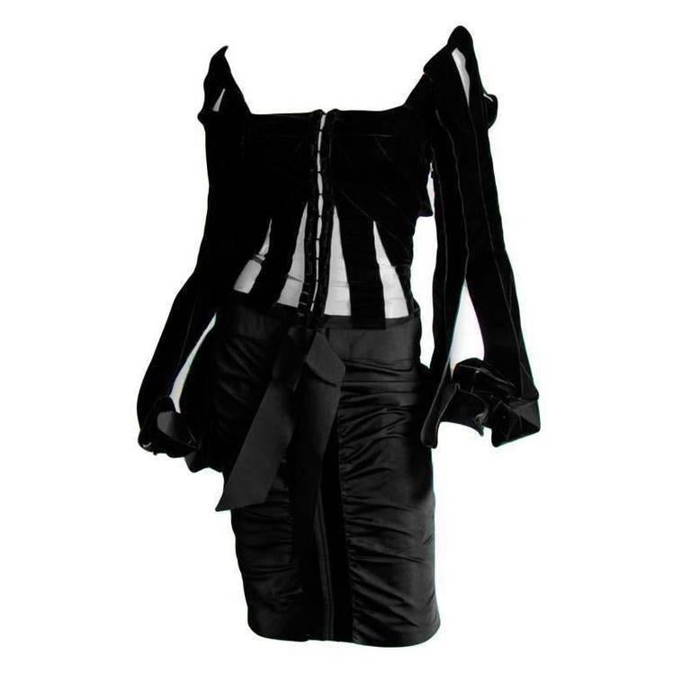 Free Shipping:Tom Ford YSL Rive Gauche 2002 Silk Velvet Ribbon Blouse & Skirt 40