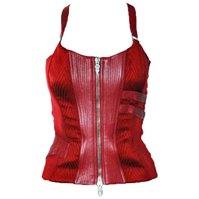 Christina's Versace FW 2003 Red Silk & Leather Runway Ad Campaign Corset Top! 40