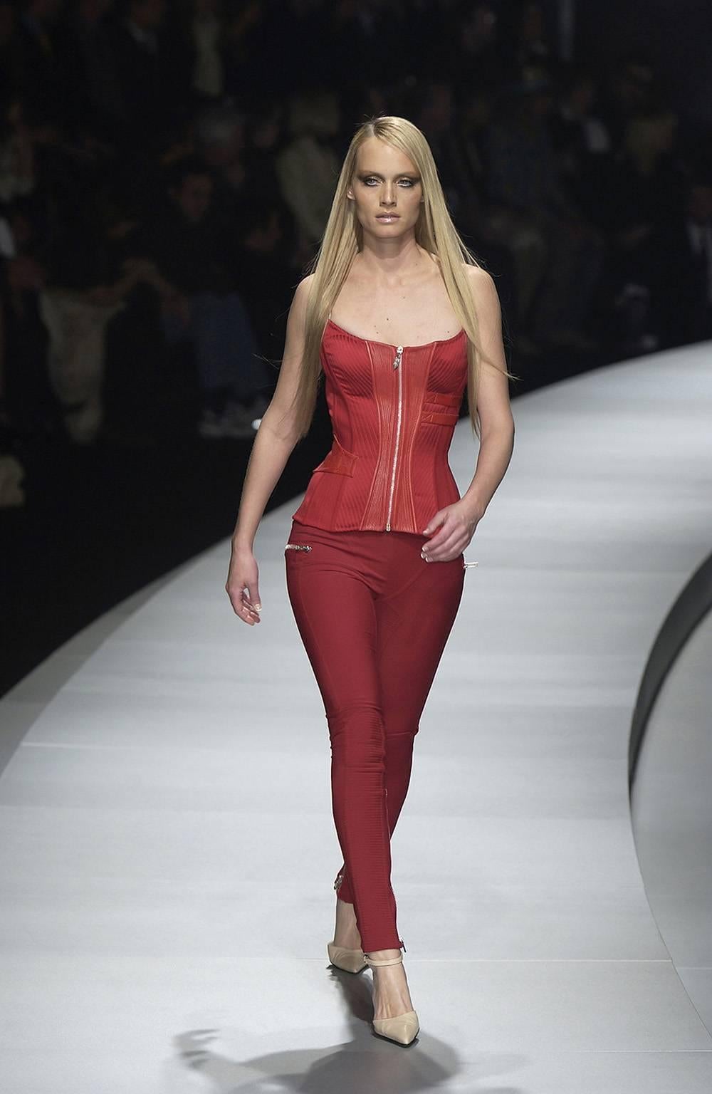 Women's Christina's Versace FW 2003 Red Silk & Leather Runway Ad Campaign Corset Top! 40