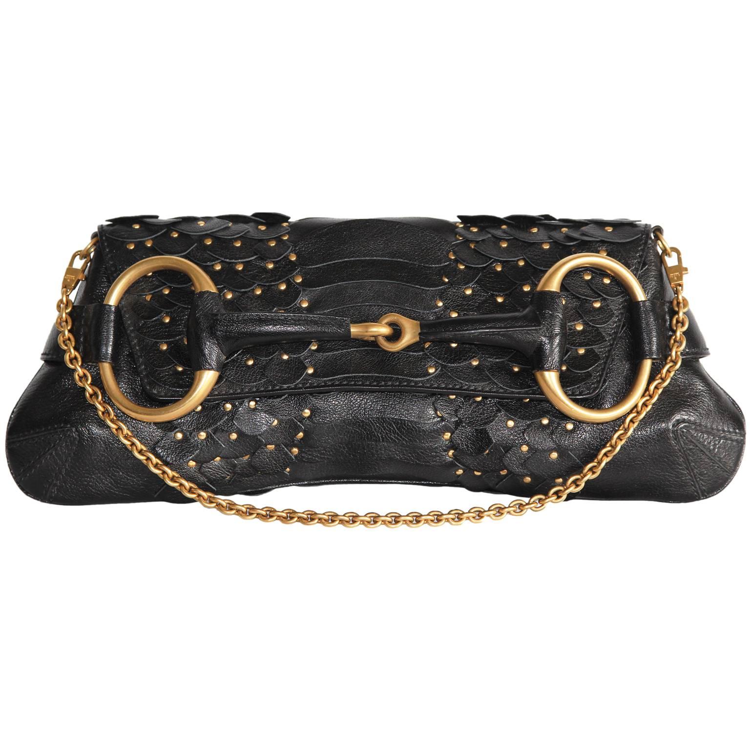 That Ridiculously Chic Tom Ford Gucci FW2003 Black Studded Leather Horsebit Bag! For Sale