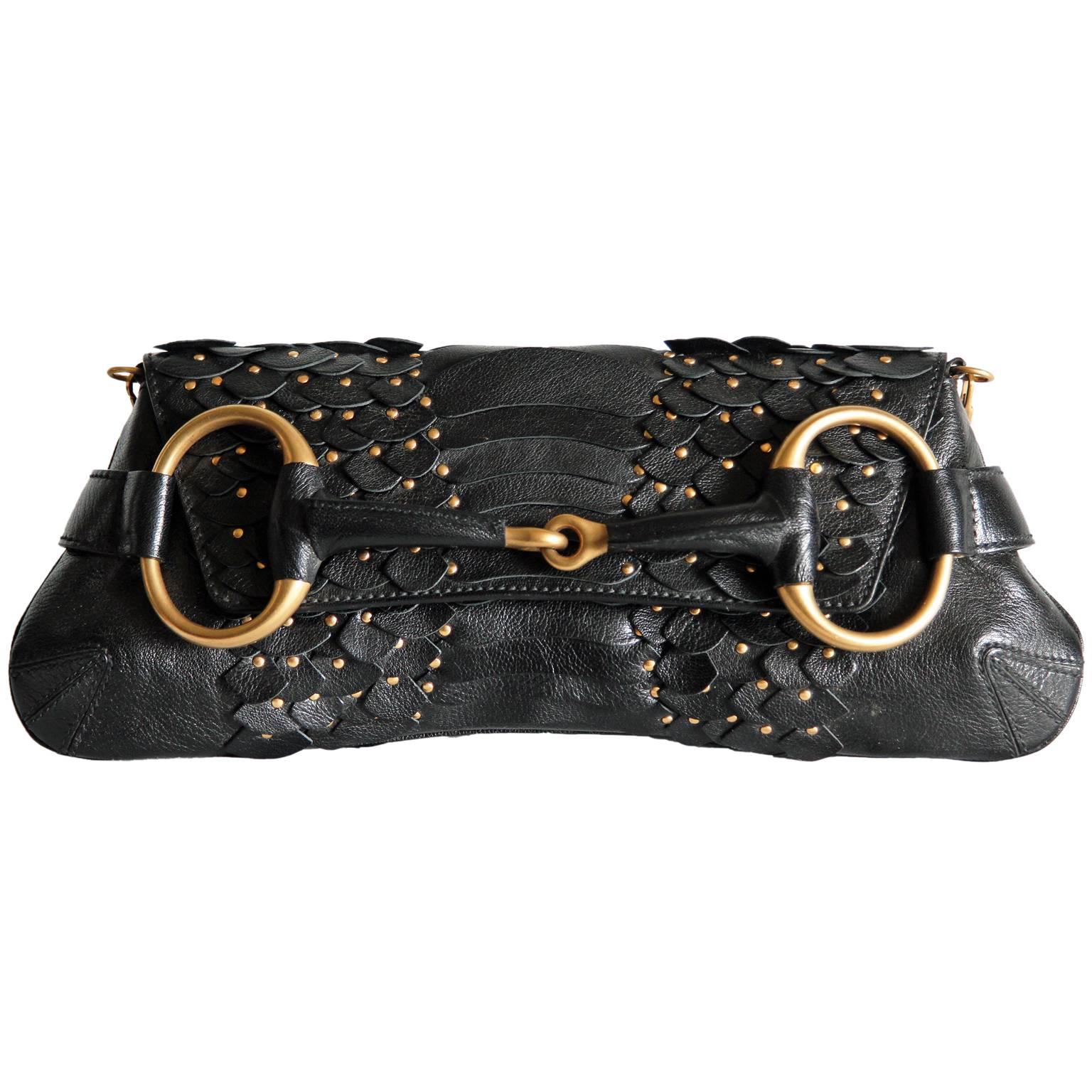 That Ridiculously Chic Tom Ford Gucci FW2003 Black Studded Leather Horsebit Bag! In Excellent Condition For Sale In Melbourne, AU