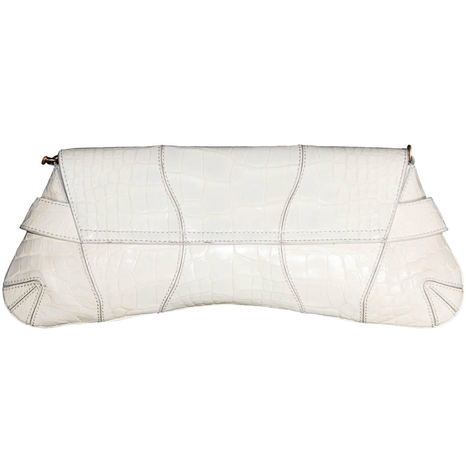 That Ridiculously Chic Tom Ford Gucci FW 2003 White Croc Leather Horsebit Bag! In Excellent Condition For Sale In Melbourne, AU