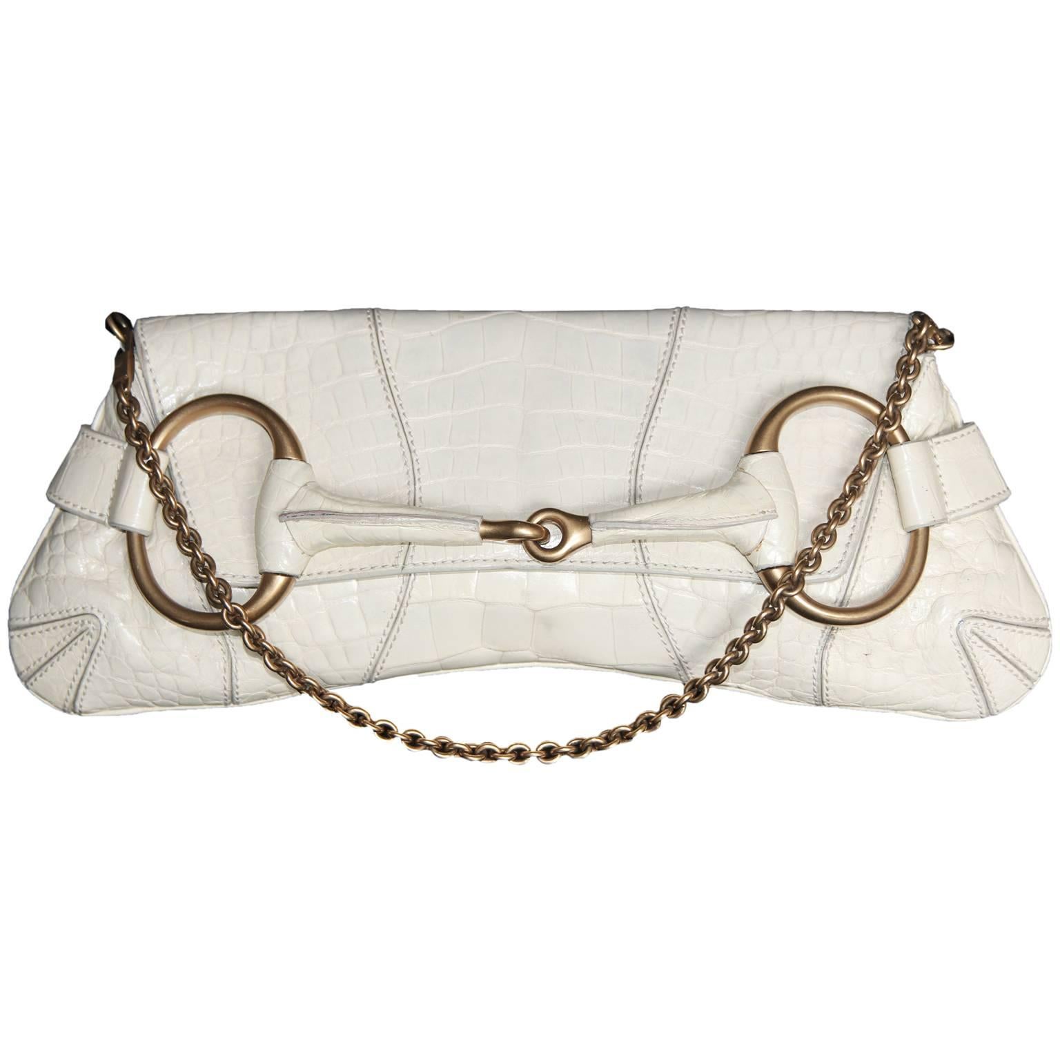 That Ridiculously Chic Tom Ford Gucci FW 2003 White Croc Leather Horsebit Bag! For Sale