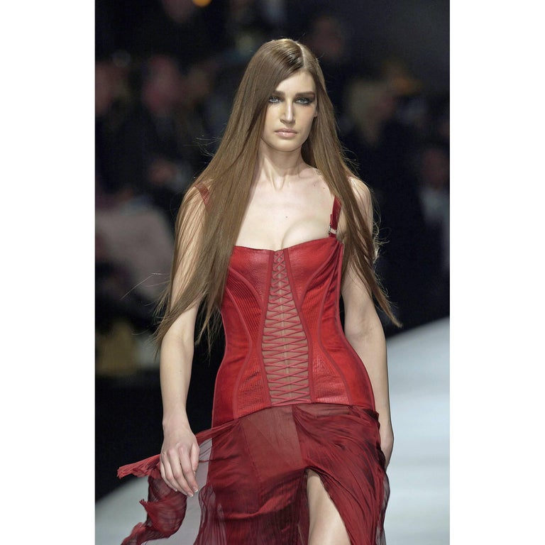 That Heavenly Versace FW 2003 Red Silk Corseted Runway and Ad Campaign Gown!  IT42 at 1stDibs | versace 2003 corset dress, versace red corset dress