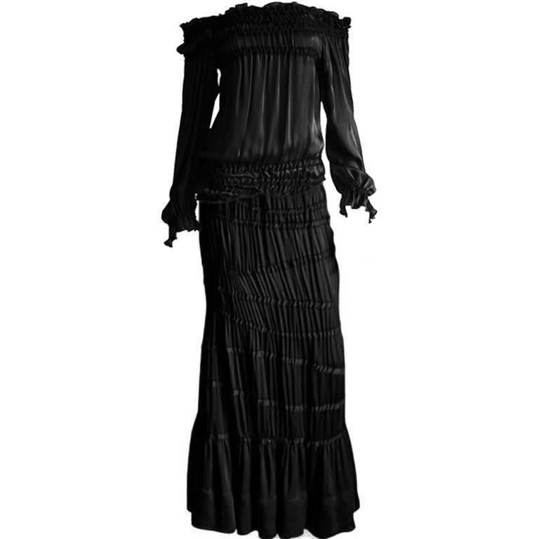Iconic Tom Ford YSL Rive Gauche FW 2001 Black Silk Runway Blouse & Skirt! FR 42 For Sale