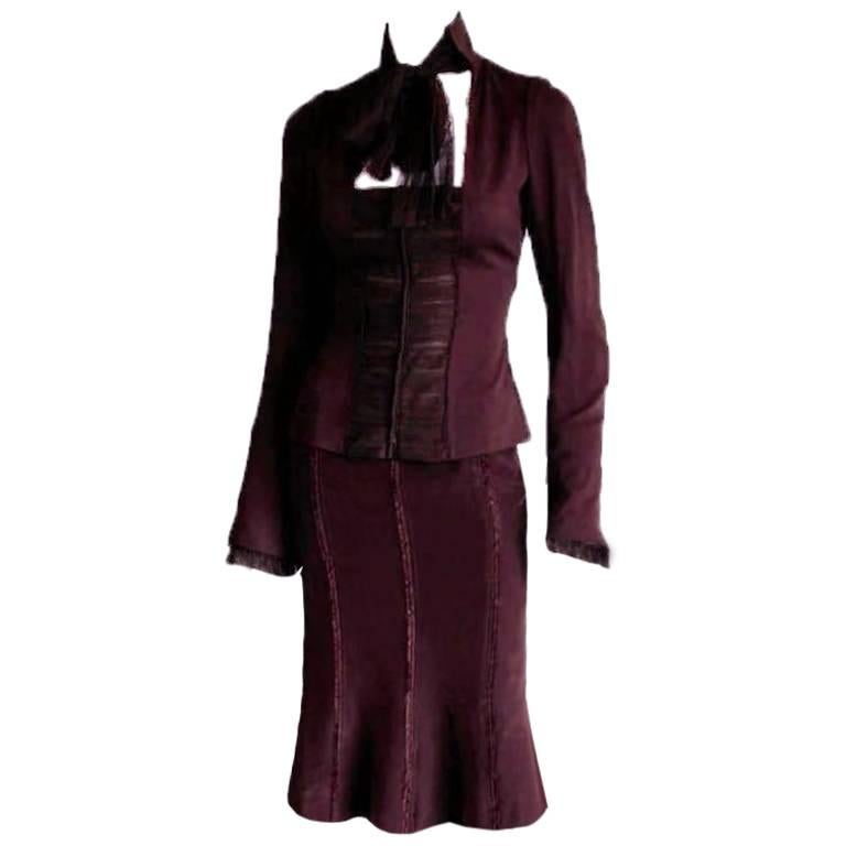 The Most Scrumptious Tom Ford YSL FW 2002 Plum Silk Fitted Jacket & Skirt! FR 38 For Sale