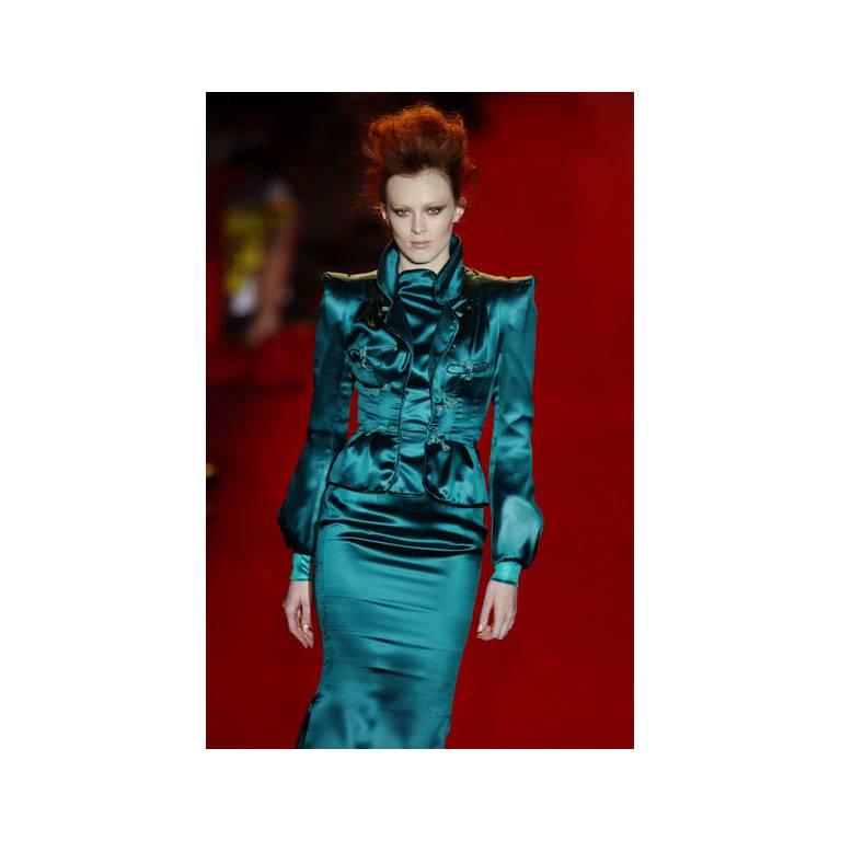 That Heavenly Tom Ford YSL Rive Gauche FW04 Emerald Green Chinoiserie Skirt Suit For Sale 2