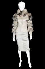 Iconic Tom Ford Gucci FW03 Beige Leather Fur Corseted Jacket & Silk Runway Skirt