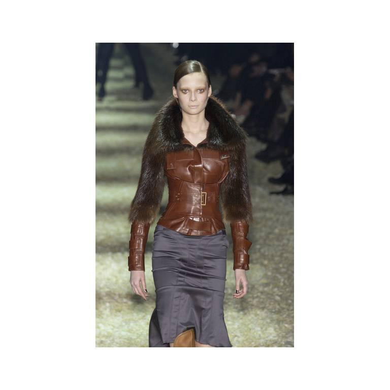 Uber Rare Tom Ford Gucci FW03 Brown Leather Fur Corseted Jacket & Matching Skirt 1