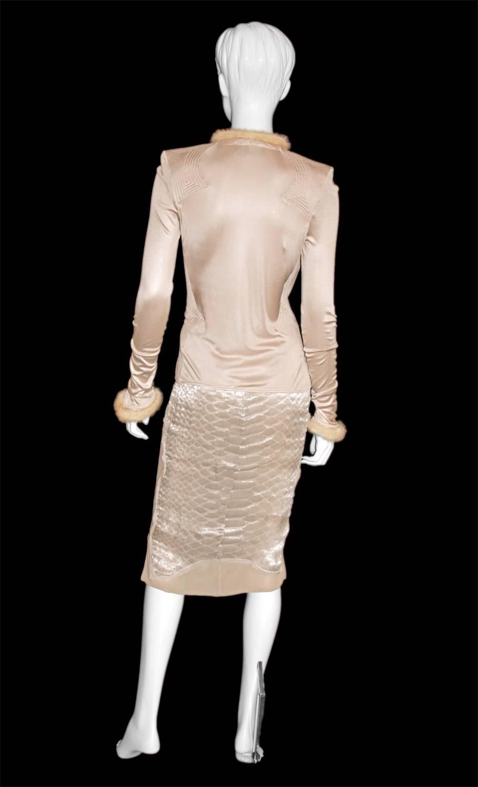 Heavenly Tom Ford YSL Rive Gauche 2004 Nude Silk & Mink Chinoiserie Skirt Suit! In Excellent Condition In Melbourne, AU