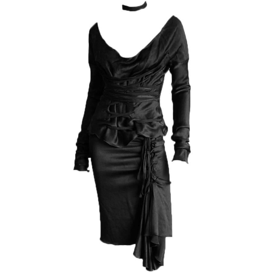 Free Shipping: Tom Ford Gucci FW 2002 Black Silk Gothic Runway Blouse & Skirt!