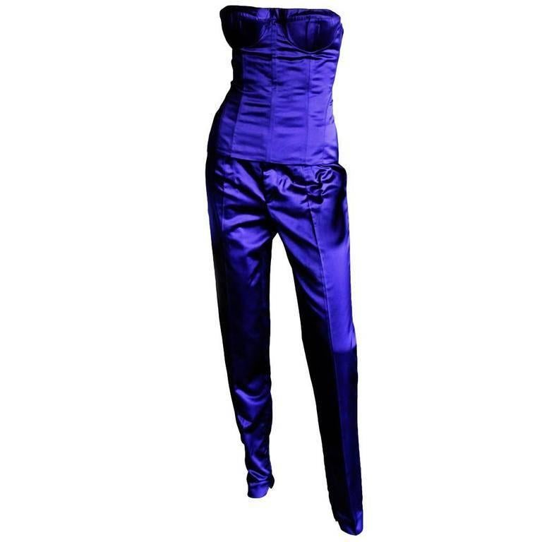 Purple Gorgeous Tom Ford Gucci SS 2001 Electric Blue Silk Runway Coat, Bustier & Pants!