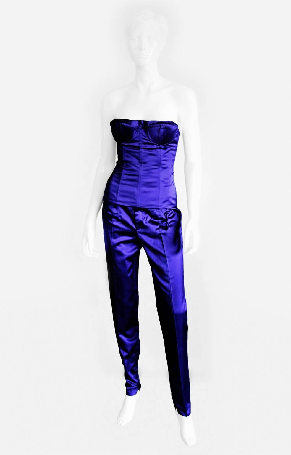 Women's Gorgeous Tom Ford Gucci SS 2001 Electric Blue Silk Runway Coat, Bustier & Pants!