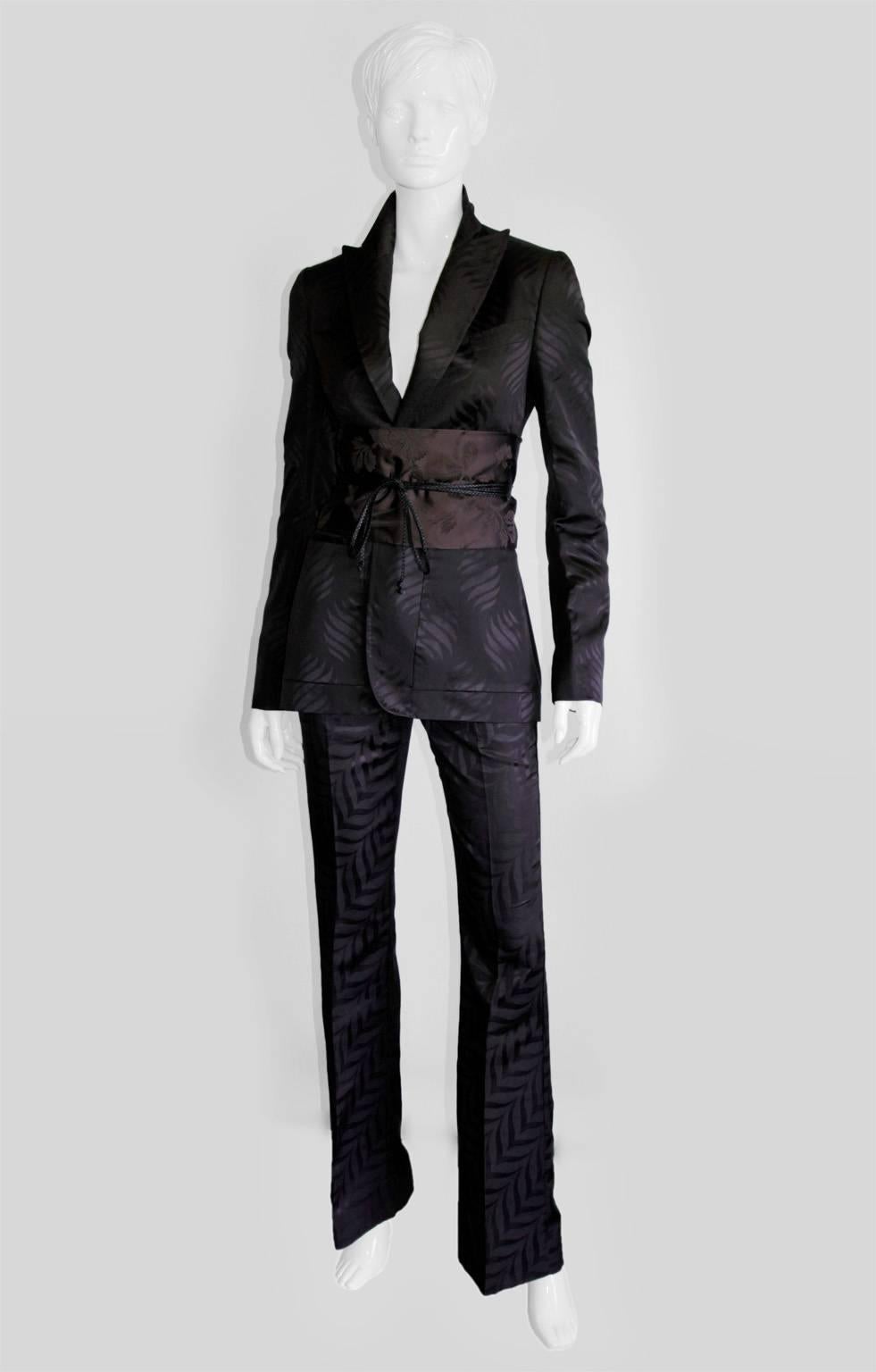 Black Iconic Tom Ford Gucci FW 2002 Silk Kimono Runway Jacket, Pants & Obi Belt! 38