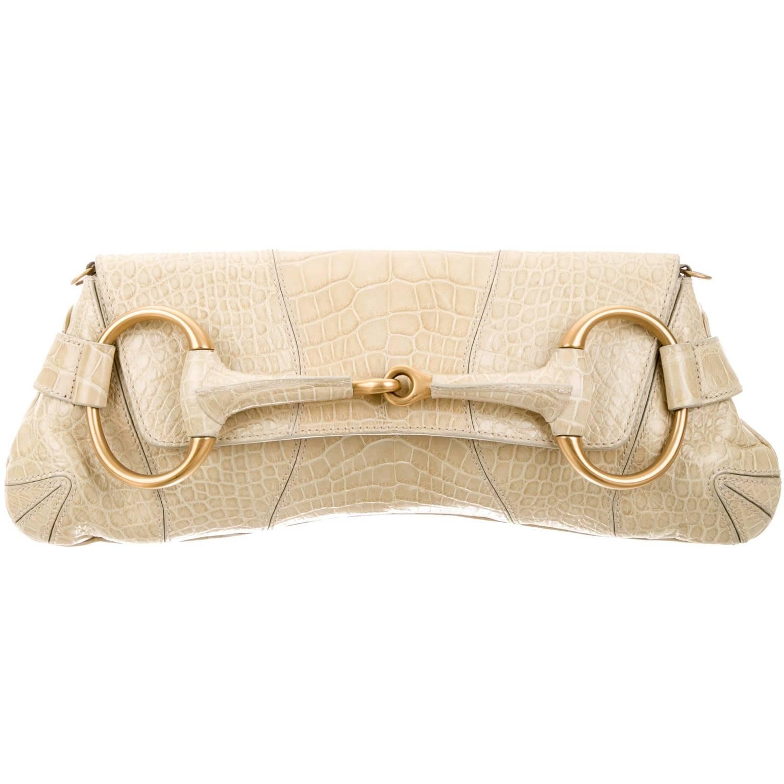 That Ridiculously Chic Tom Ford Gucci FW 2003 Beige Croc Leather Horsebit Bag! For Sale