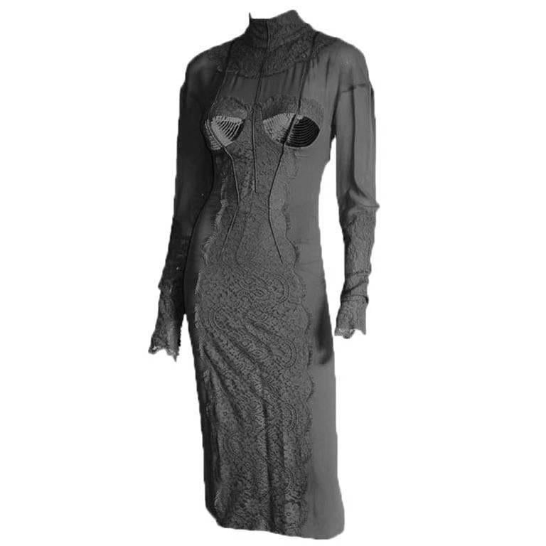 The Most Utterly Scrumptious Tom Ford FW 2011 Black Silk Lace & Velvet Dress! 42 For Sale